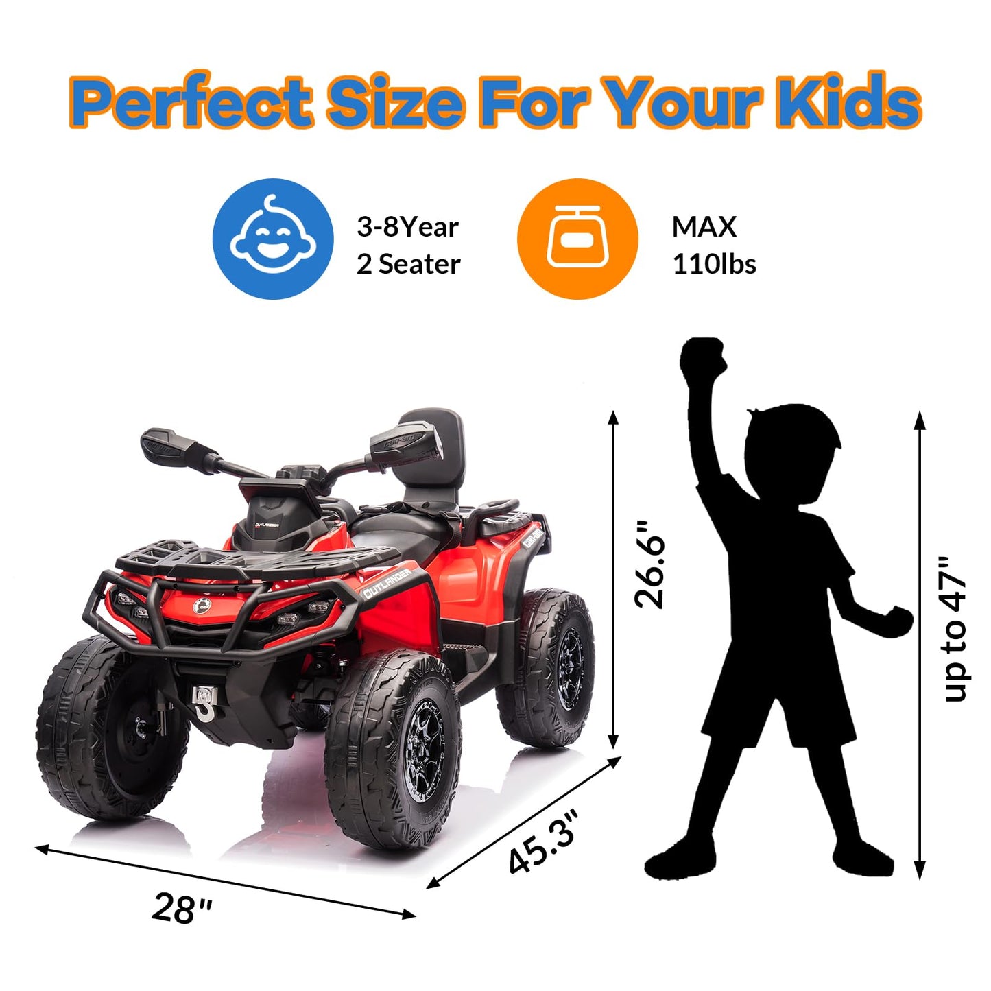 Garvee Ride - P Series: 12V Kids Ride On Electric ATV, 2 Leather Seater ATV Car for Kids, 27V Kids Ride On Toys with LED Headlights, Bluetooth & Music, Adjusted Speeds 2-4 MPH, Ride On Toys for Kids 3-8,Red