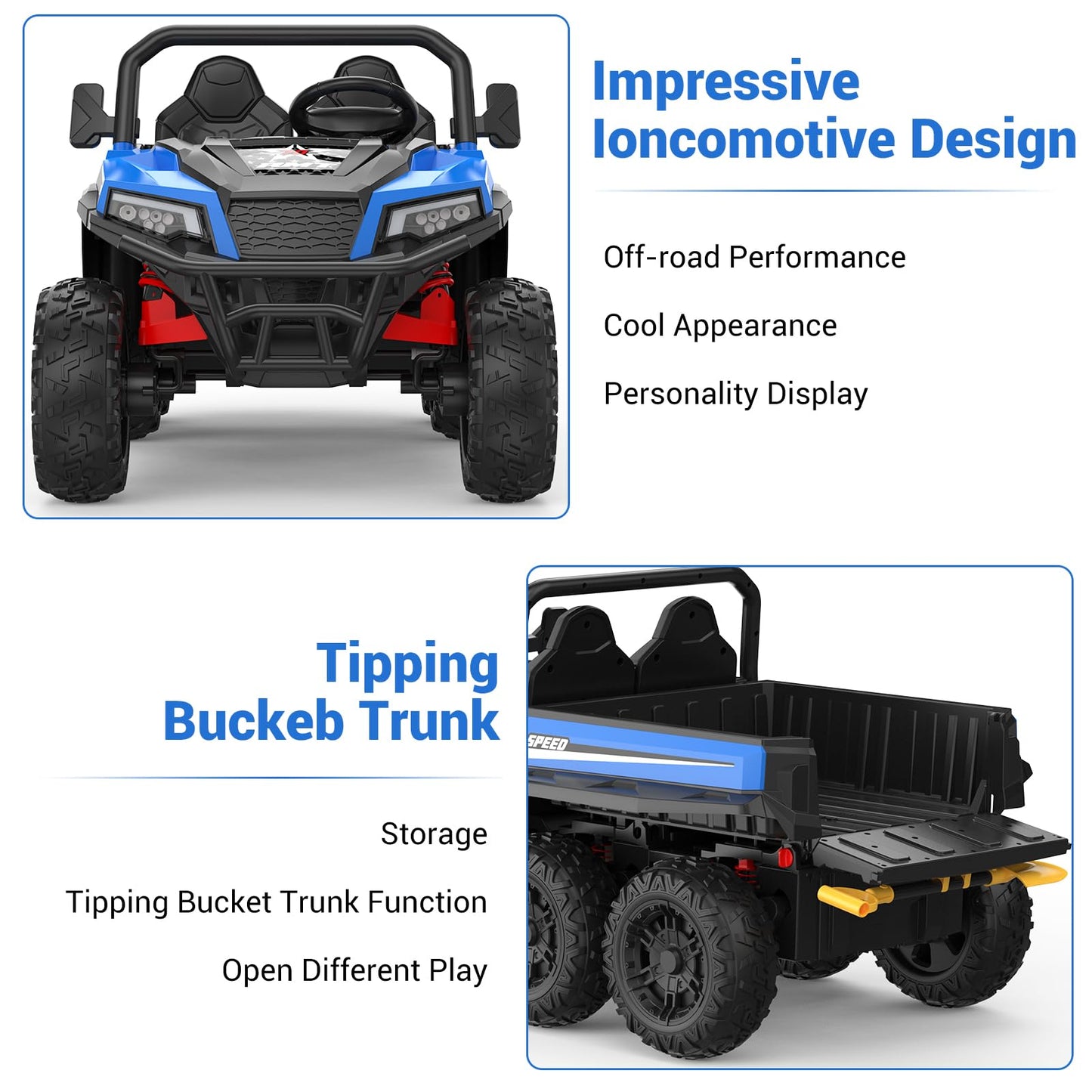 Garvee Ride - P Series: 24V 4WD Electric Ride On Dump Truck with Remote Control, 2-Seater, Music Player, LED Lights, Key Start Safety System, Durable Plastic, Off-Road Kids Toy for Ages 3+ - Blue