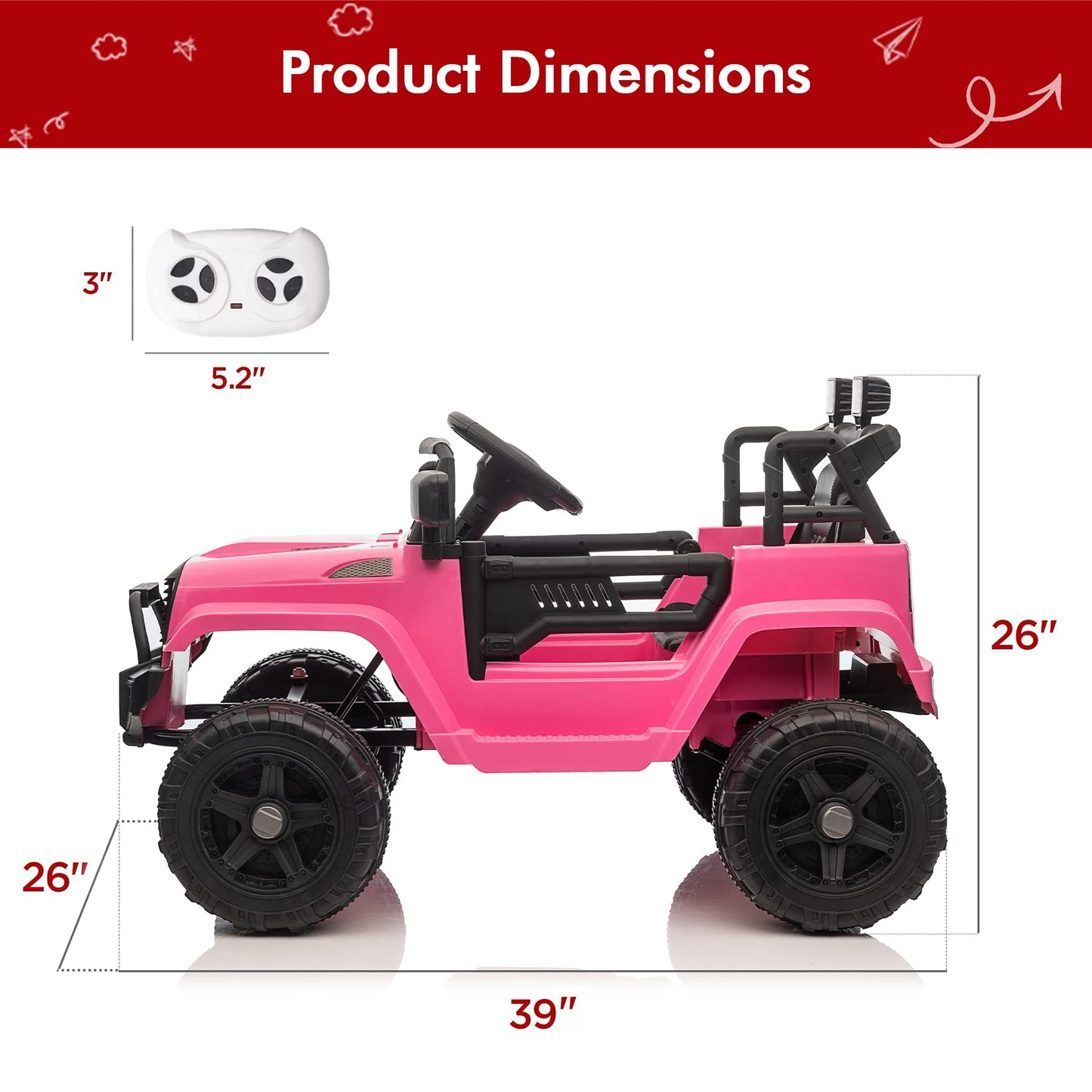 Garvee Ride - P Series: 12V Ride On Truck Car for kid : Remote Control, 3 Speeds, MP3 Music, Suspension, LED Lights,for 3+ Year Old - Pink