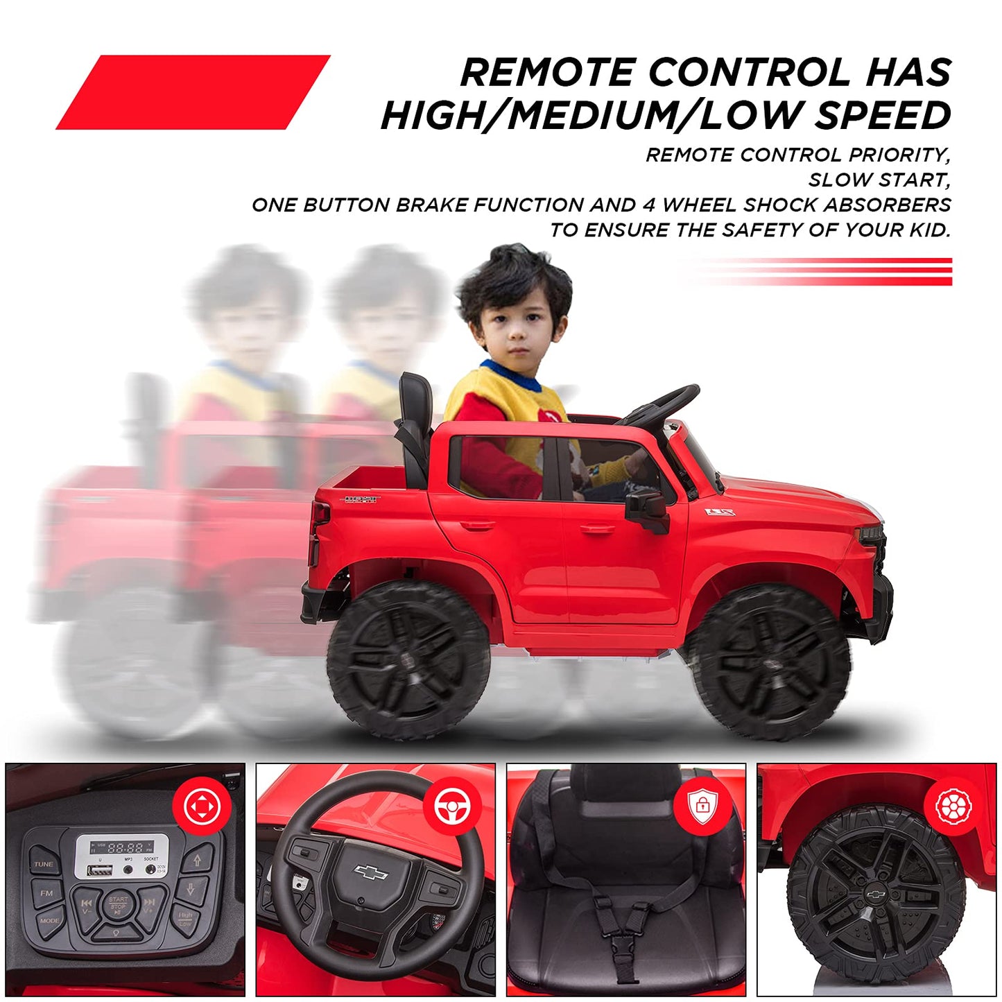 Garvee Ride - P Series: 12V Ride on Car with Remote Control, Battery Powered Licensed Chevrolet Silverado GMC Kids Ride On Truck, Toddler Electric Vehicles Toys,Music,FM,Bluetooth, Spring Suspension, LED Light - Red