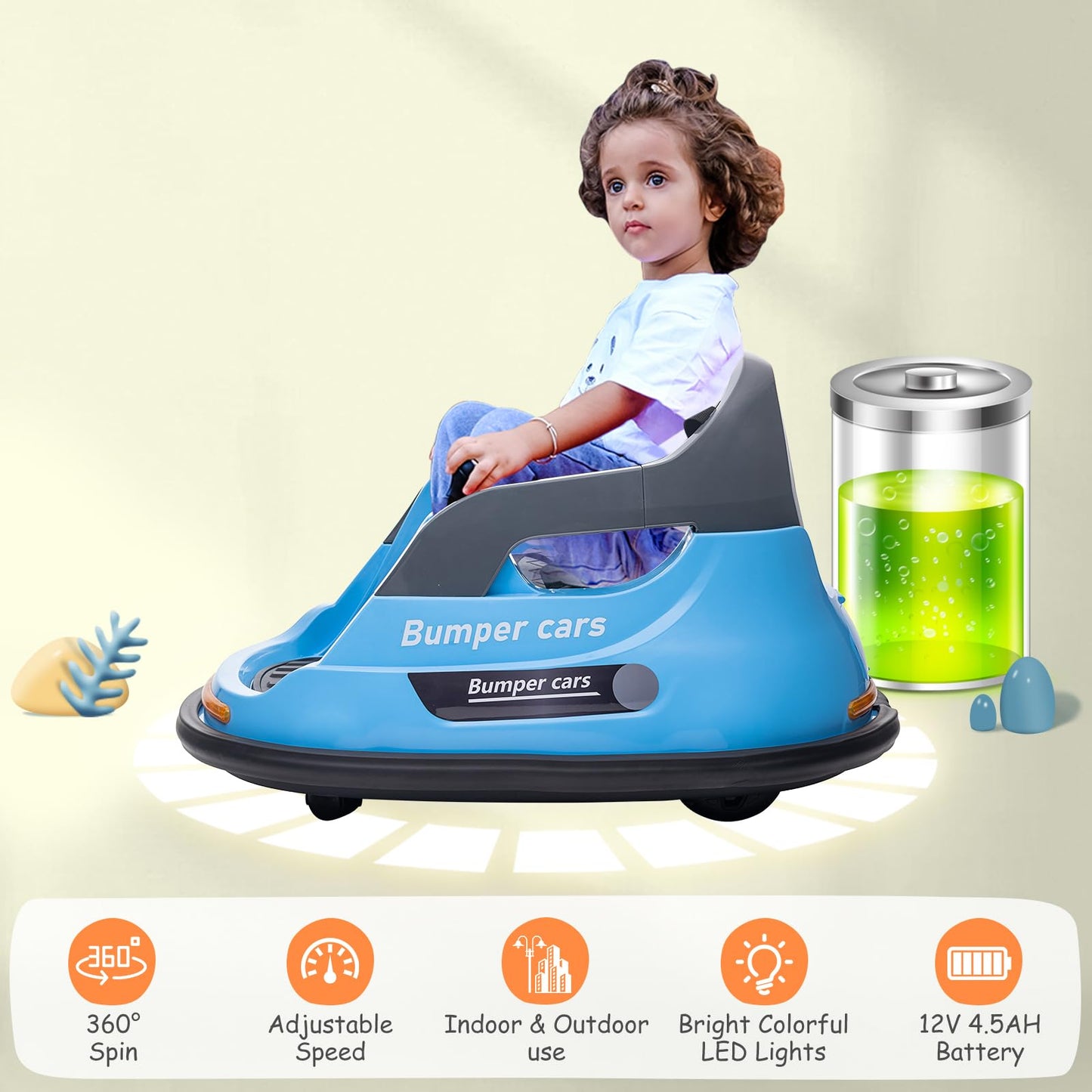 Garvee Ride - P Series: 12V Kids Bumper Car with Remote Control, LED Lights & 360 Degree Spin, Indoor and Outdoor Kids Toy for 18+ Months Kids - Blue