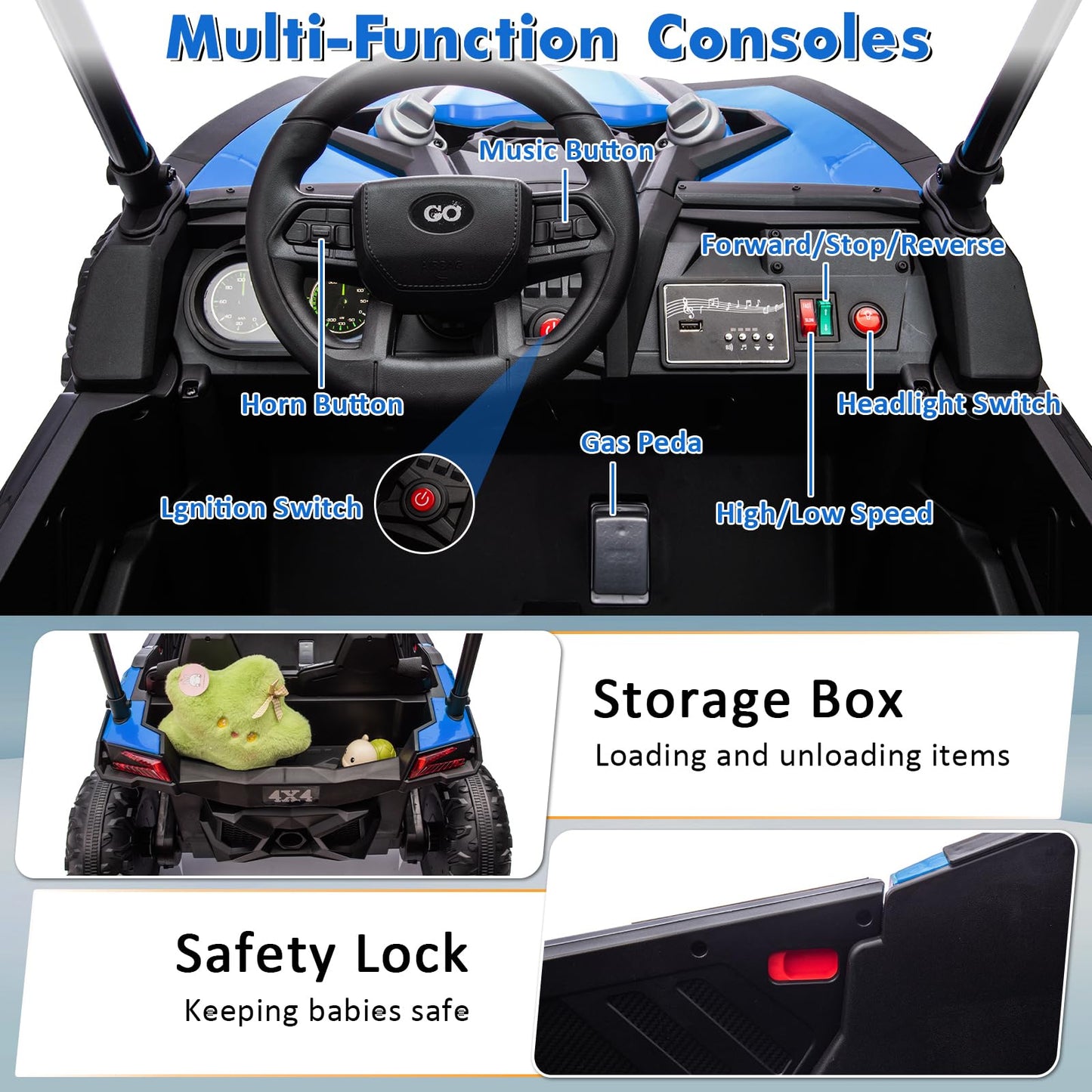 Garvee Ride - P Series: 24V Ride On Utv for Kids, 2 Seater Electric Truck With Sun Shade,4WD Electric Car Toy With Remote Control, Led Lights, 4 Shock Absorbersm,One Click Start, Music Player - Blue