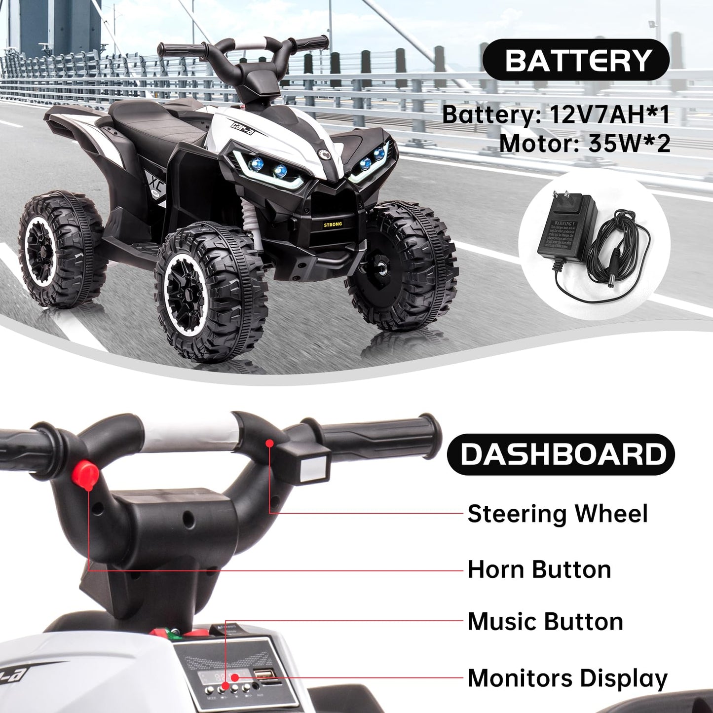 Garvee Ride - P Series: 12V Kids ATV 4 Wheeler, Music, LED Lights, Battery Powered Ride On Toy for Boys Girls, Outdoor Adventure Vehicle White
