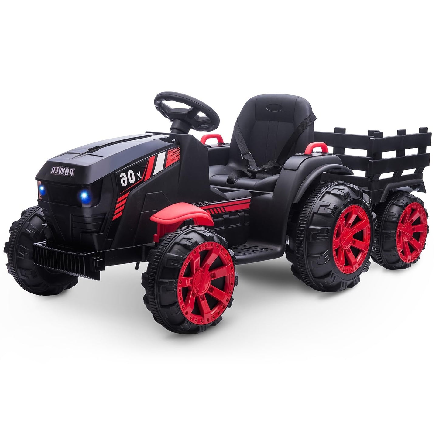 Garvee Ride - P Series: 12V Kids Ride On Tractor with Trailer, LED Lights for Boy Girl - Black