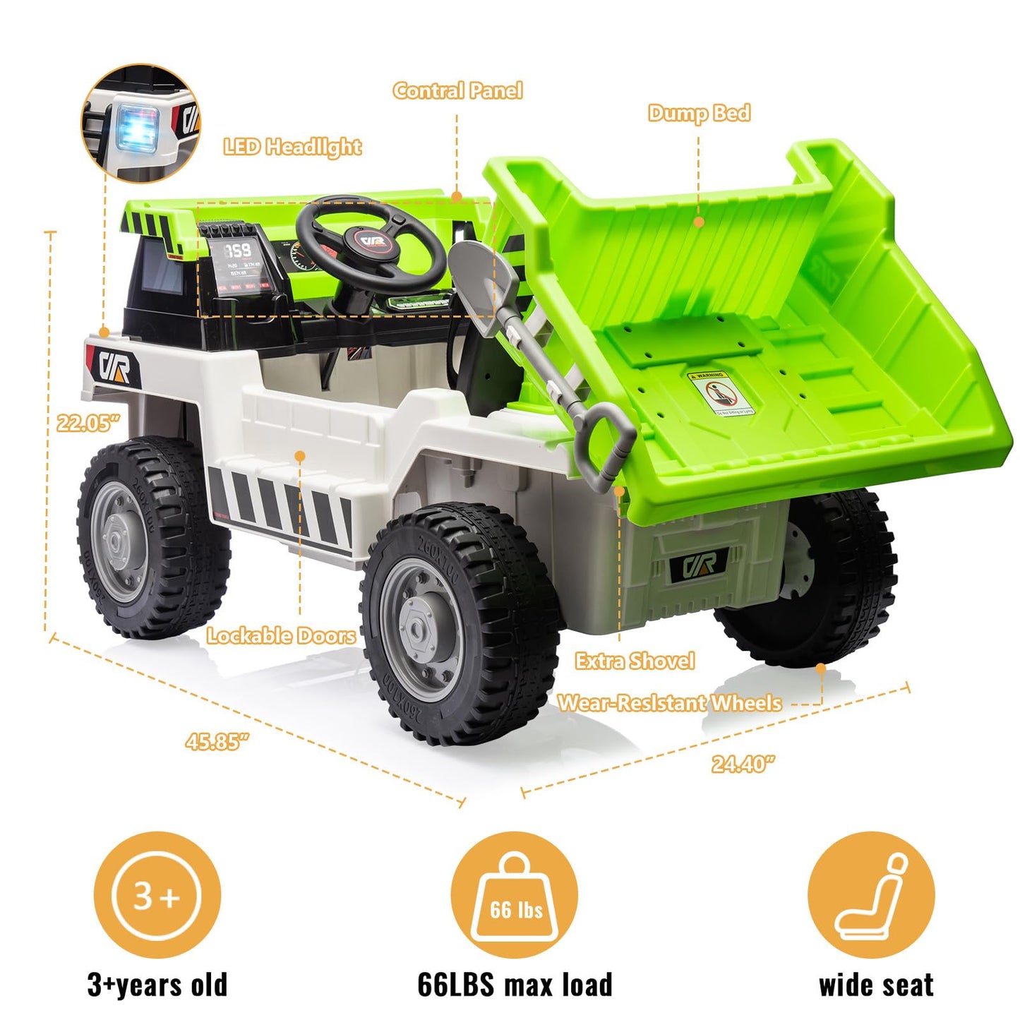 Garvee Ride - P Series: 12V Ride on Dump Truck with Remote Control, Electric Dump Bed, MP3 Player, USB Charger, All-Terrain Tires, Suitable for Indoor and Outdoor Play