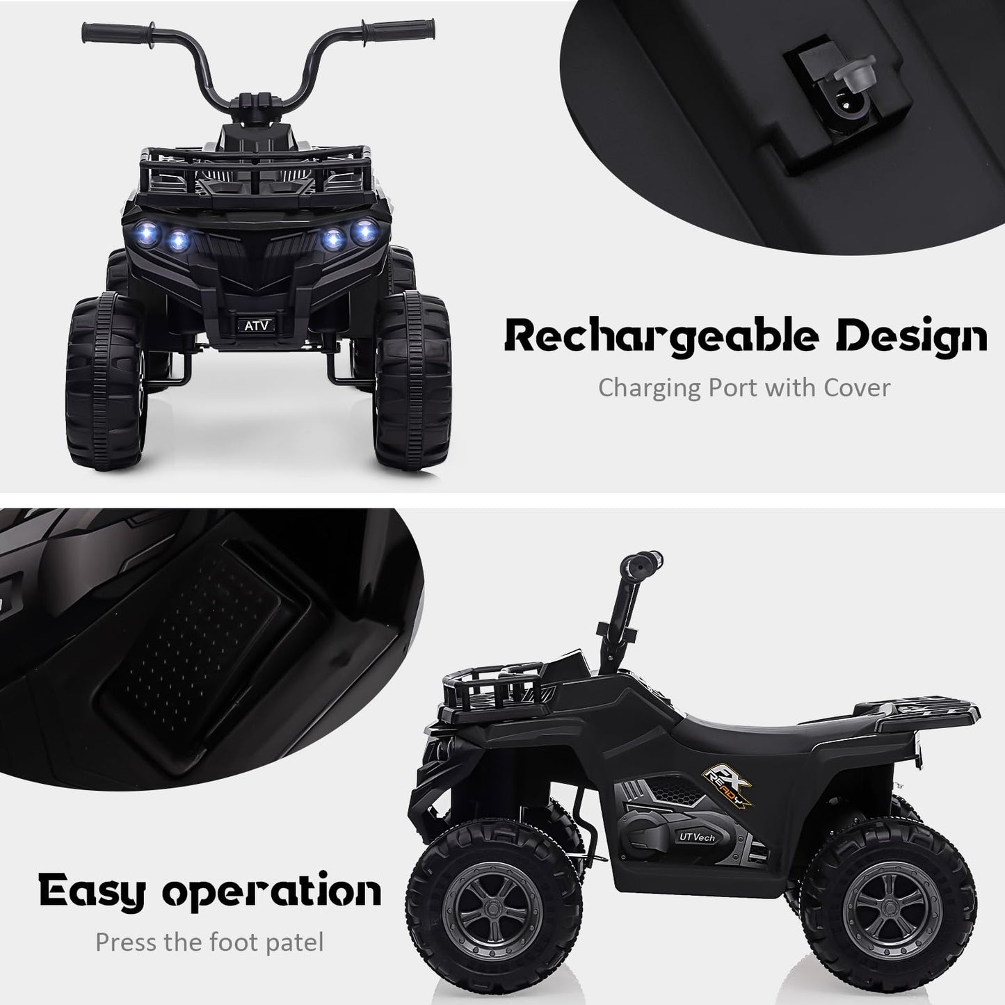 Garvee Ride - P Series: 12V Kids Ride On Electric Quad ATV, Ride Car Toy with Bluetooth Audio, High/Low Speed, LED Headlights, Battery Indicator & Radio Orange - Black
