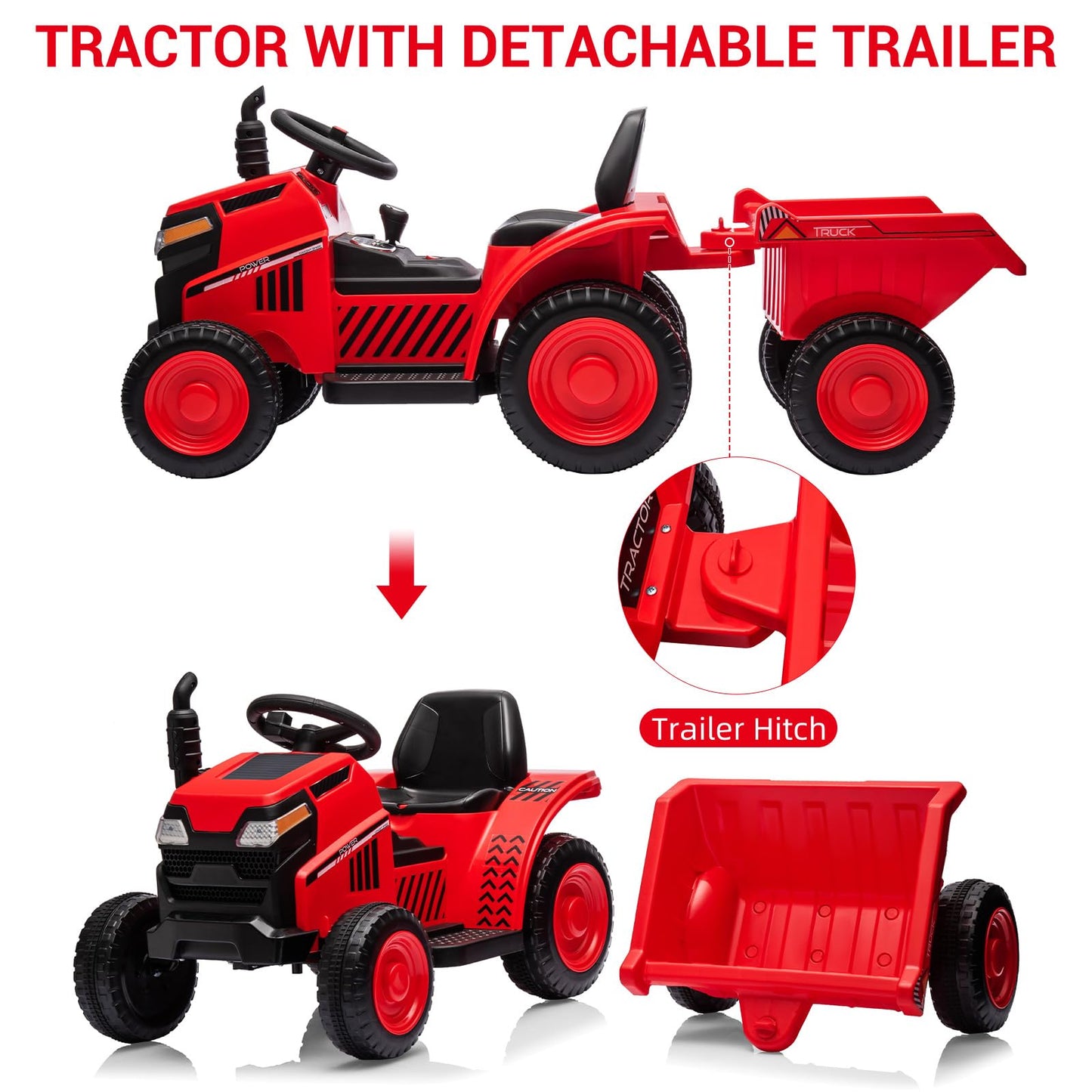 Garvee Ride - P Series: Kids Ride on Tractor with Trailer, Kids’ Electric Vehicles with Wear-Resistant Wheels, LED Headlights, Music & USB Port, Kids Ride on Car Toys for Toddlers Kids, Red