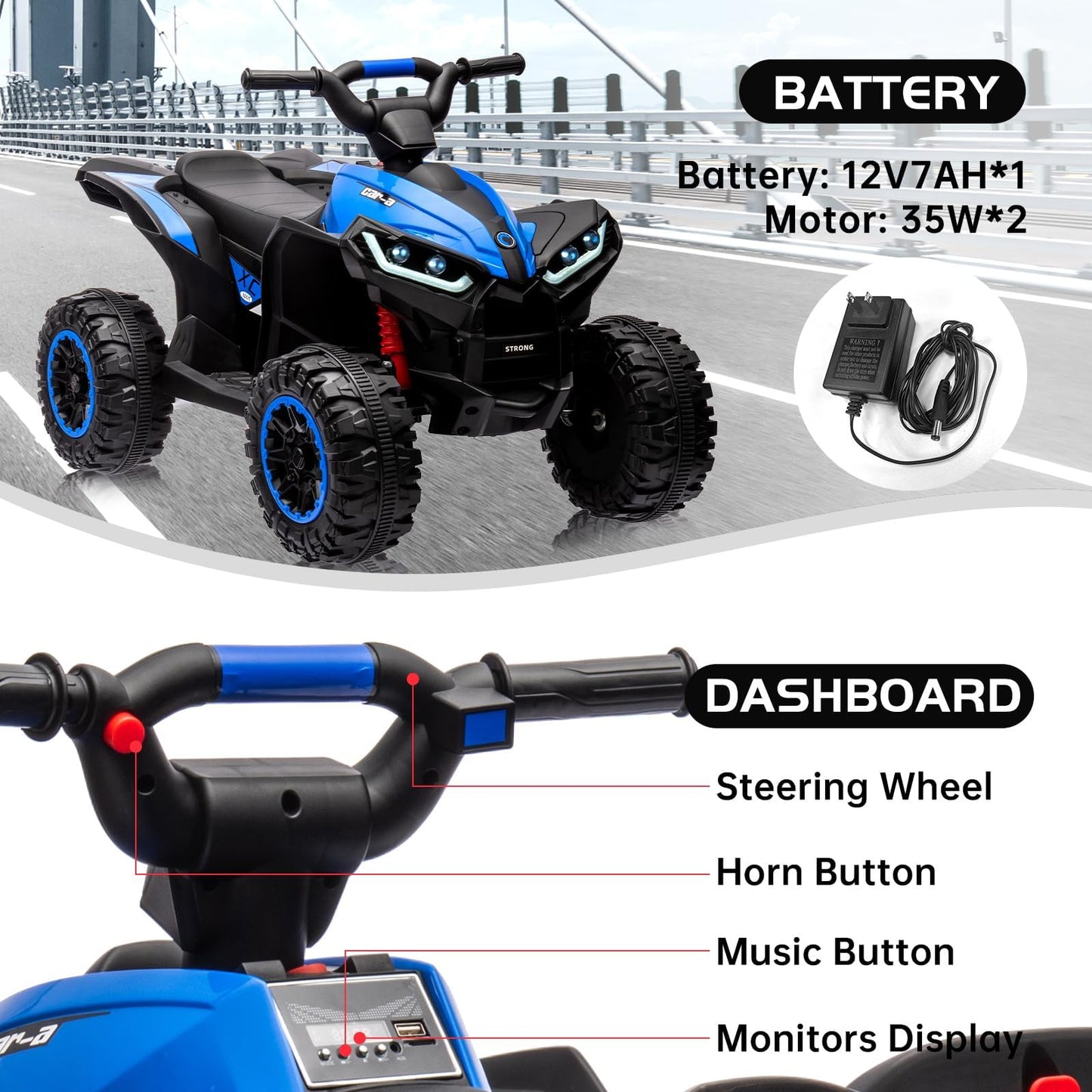 Garvee Ride - P Series: 12V Kids Quad ATV 4 Wheeler with Music, LED Lights for Boys & Girls - Blue