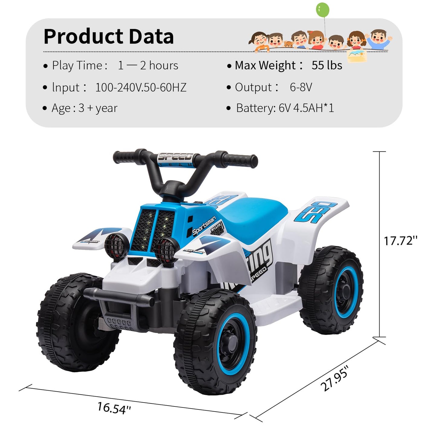 Garvee Ride - P Series: 6V Kids Ride On Electric Quad ATV, Ride Car with LED Headlights, Ride-On Toy for Toddlers 1-3 Boys & Girls with Music, Forward & Reverse - Blue and white