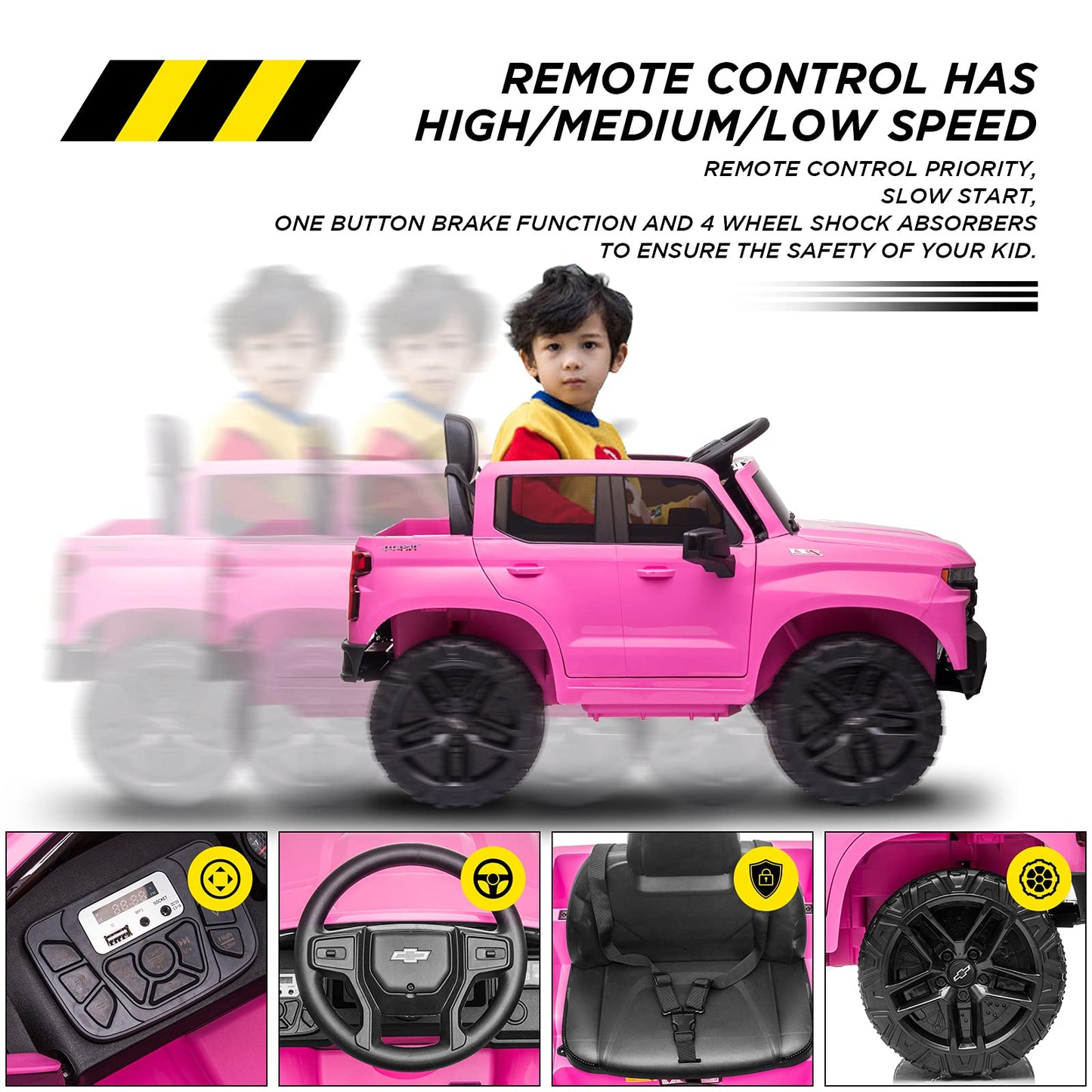 Garvee Ride - P Series: 12V Ride on Car with Remote Control, Battery Powered Licensed Chevrolet Silverado GMC Kids Ride On Truck, Toddler Electric Vehicles Toys,Music,FM,Bluetooth, Spring Suspension, LED Light - Pink