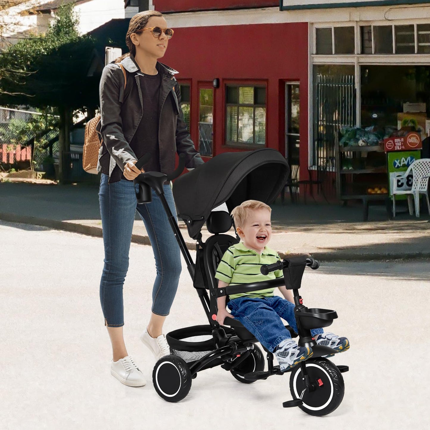 Garvee Baby Tricycle, 7 in 1 Folding Toddler Bike w/Removable Adjustable Push Handle, Canopy, Rotatable Seat, Safety Harness, Cup Holder & Storage, Trike for 1-5 Year Old, Tricycle for Toddlers