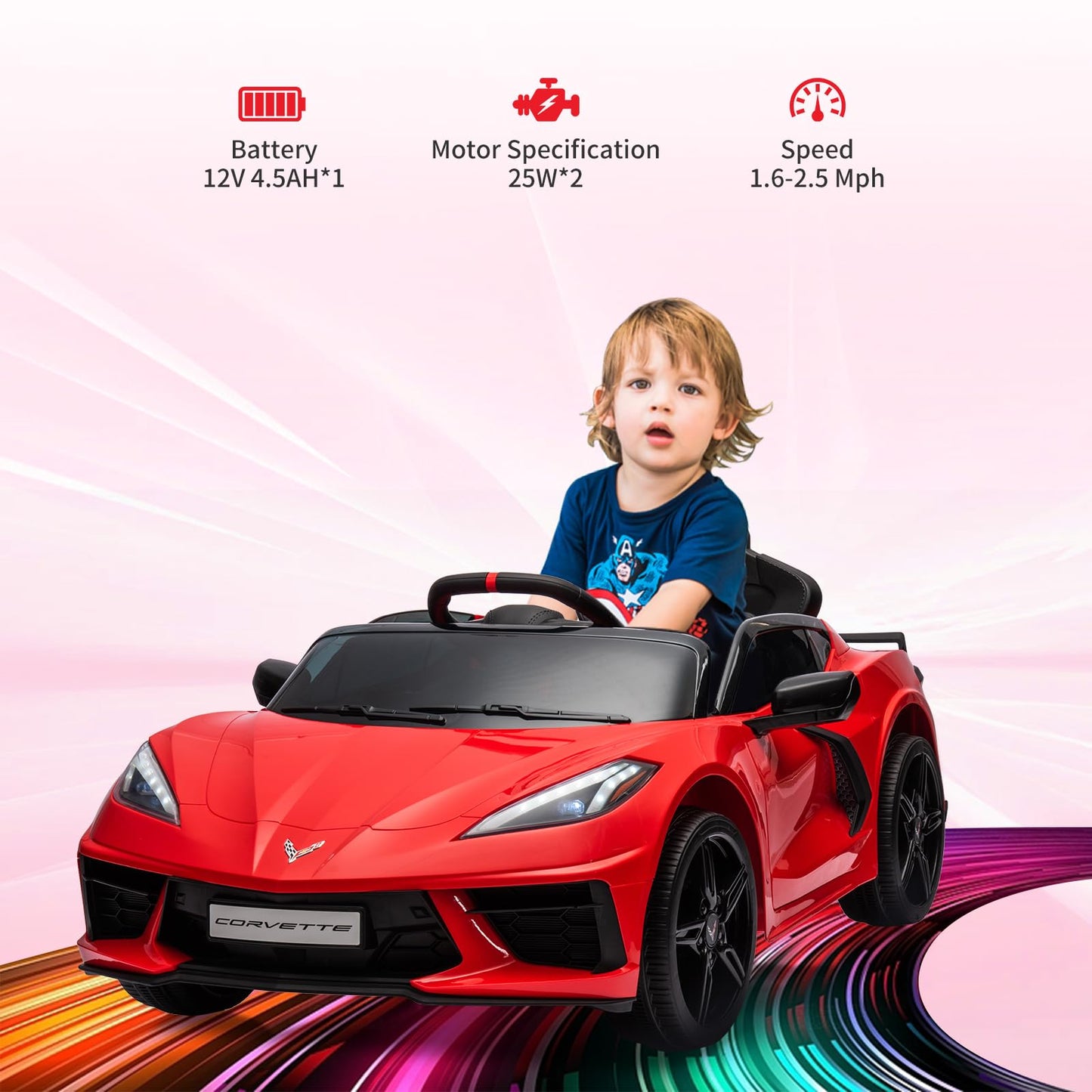 Garvee Ride - P Series: 12V Kids Ride on Car Licensed Corvette Battery Powered Car Toddles Electric Sports Car Toy with Remote Control, Visual Dashboard, LED Lights, Music, Gifts for Boys Girls, Red