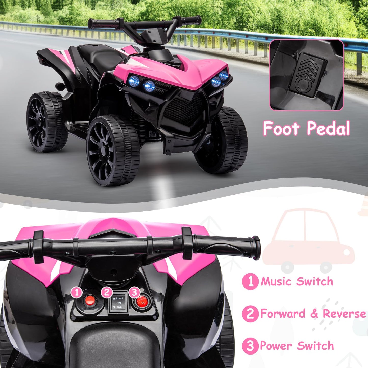 Garvee Ride - P Series: 6V Quad ATV for Kids Toddler 3+ years, Max 55lb Capacity ，With LED, Music, Foot Pedal, Wear-Resistant Wheels, 1.9 MPH - Pink
