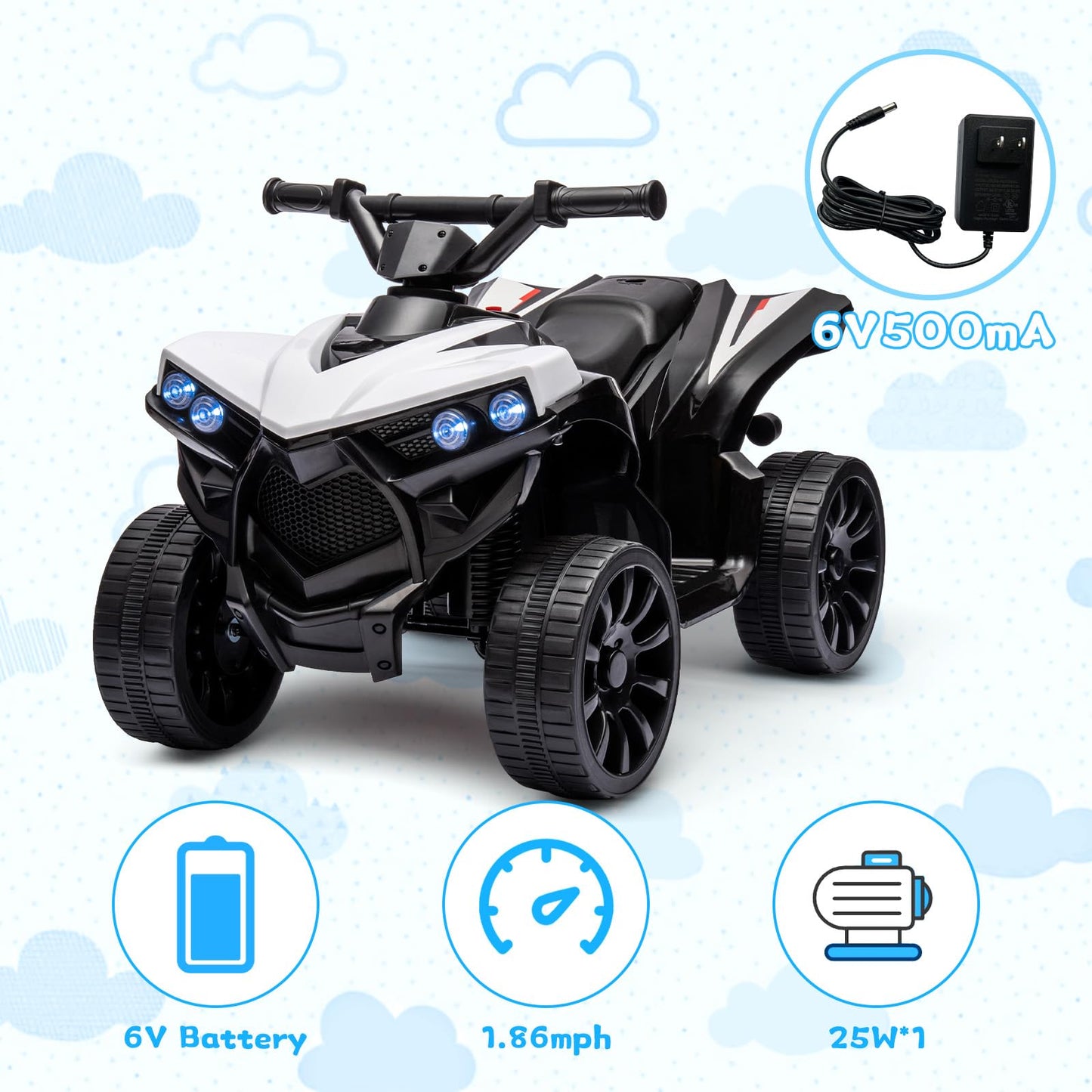 Garvee Ride - P Series: 6V Quad ATV for Kids Toddler 3+ years, Max 55lb Capacity, With LED, Music, Foot Pedal, Wear-Resistant Wheels, 1.9 MPH - White