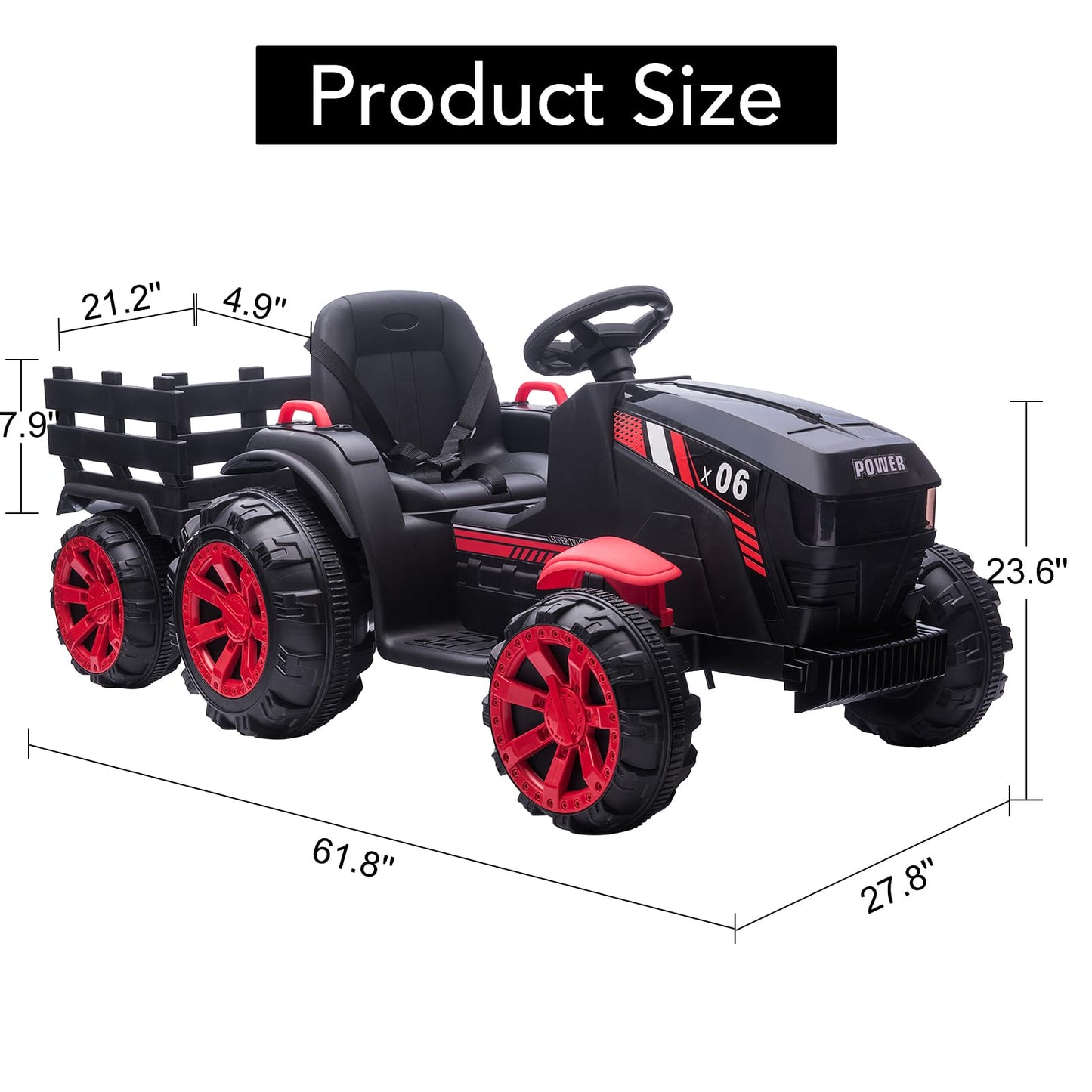 Garvee Ride - P Series: 12V Kids Ride On Tractor with Trailer, LED Lights for Boy Girl - Black