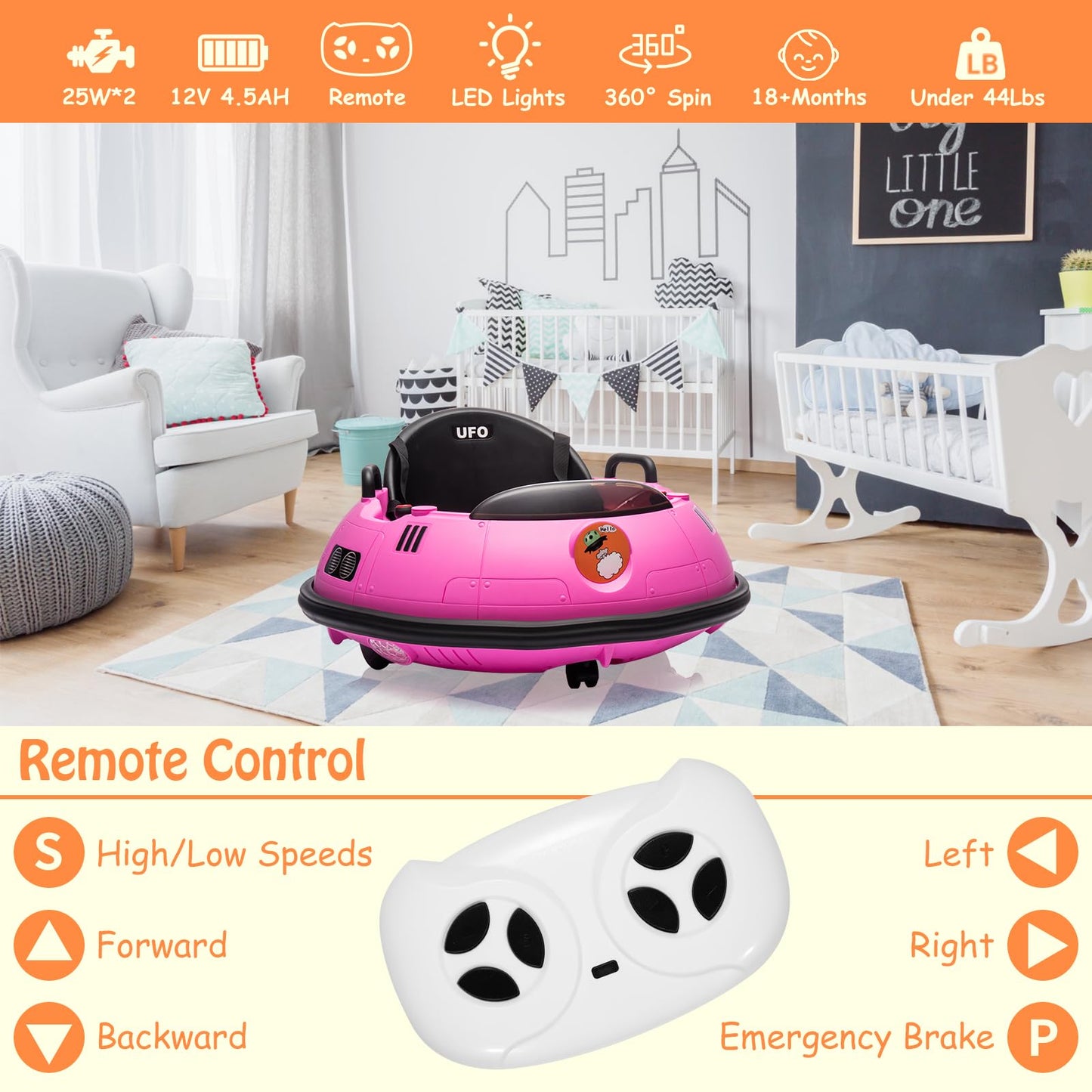 Garvee Ride B Series 12V Electric Ride on Bumper Car for Toddlers, Kids Bumper Car with Remote Control, LED Lights & 360 Degree Spin, Indoor and Outdoor for 18+ Months Kids - Pink