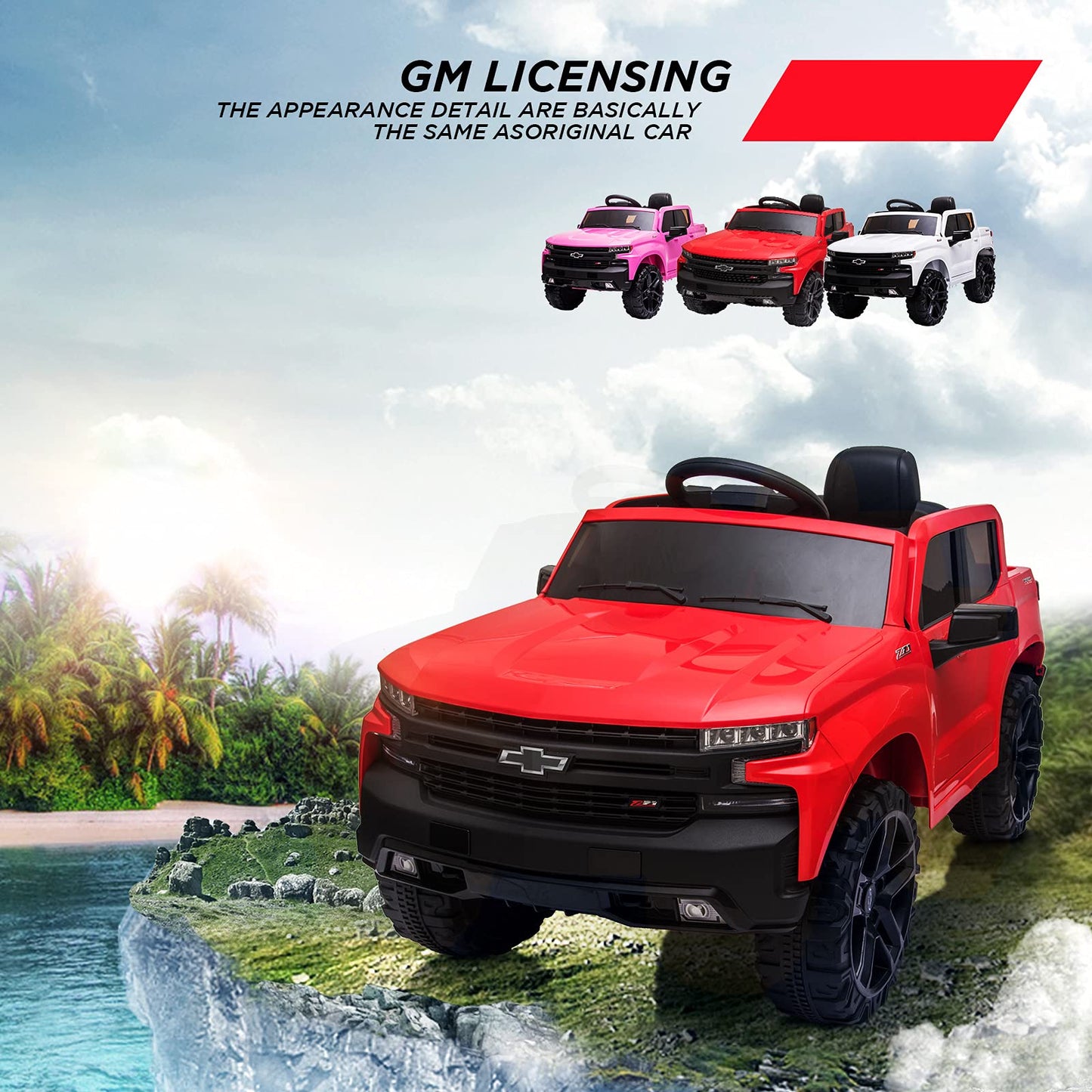Garvee Ride - P Series: 12V Ride on Car with Remote Control, Battery Powered Licensed Chevrolet Silverado GMC Kids Ride On Truck, Toddler Electric Vehicles Toys,Music,FM,Bluetooth, Spring Suspension, LED Light - Red