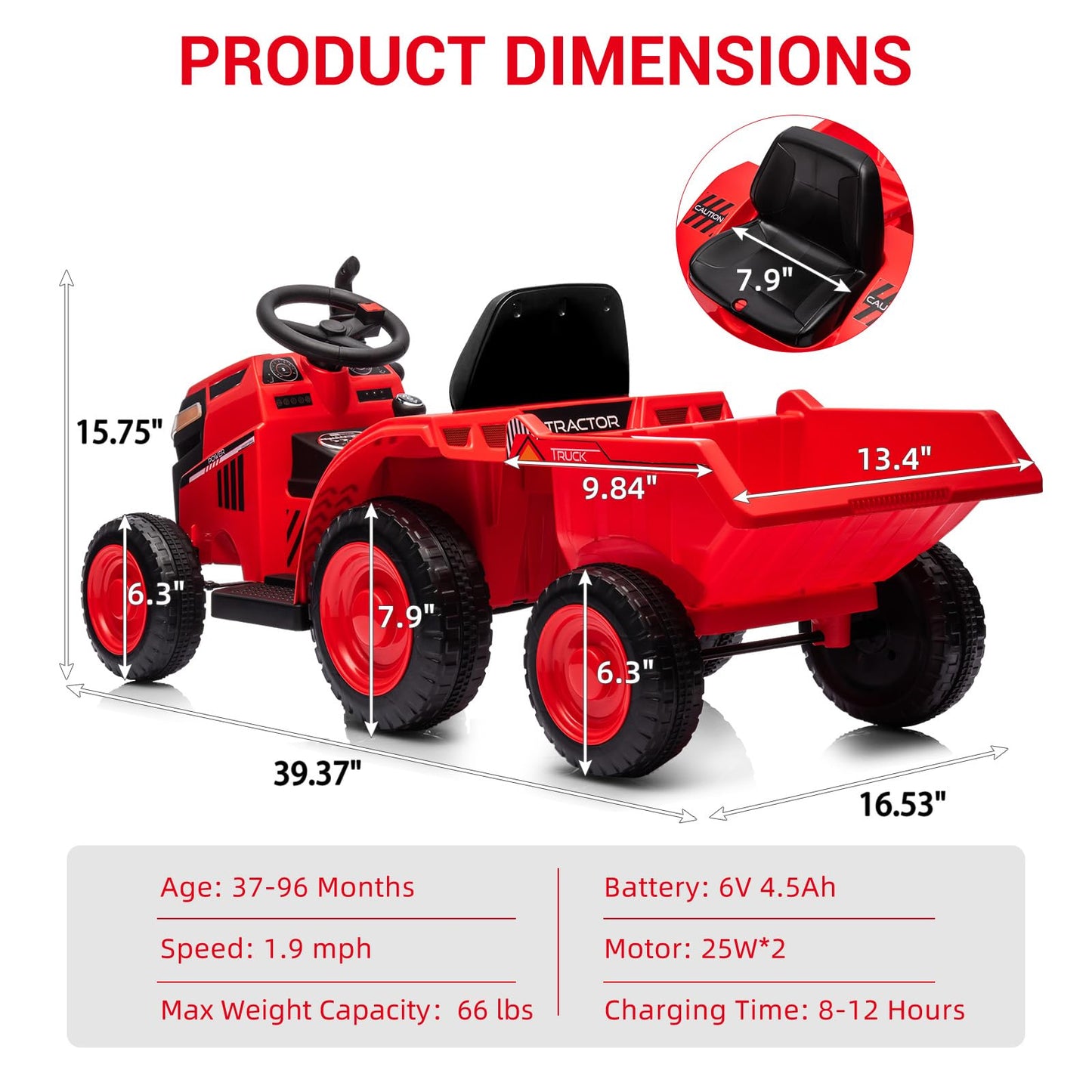 Garvee Ride - P Series: Kids Ride on Tractor with Trailer, Kids’ Electric Vehicles with Wear-Resistant Wheels, LED Headlights, Music & USB Port, Kids Ride on Car Toys for Toddlers Kids, Red