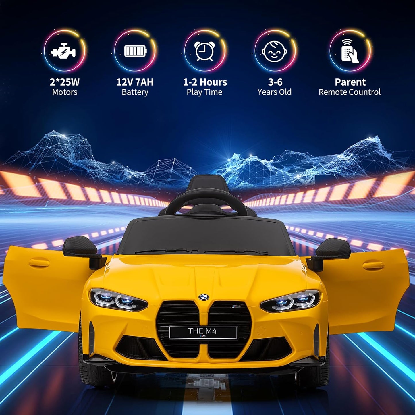 Garvee Ride - P Series: 12V Electric Ride On Car for 37-83 Months, w/RC,Licensed by BMW M4,Power Wheels for Boys Girls, with Suspension System,3 Speeds, Bluetooth, MP3, Double Door, LED Light - Yellow