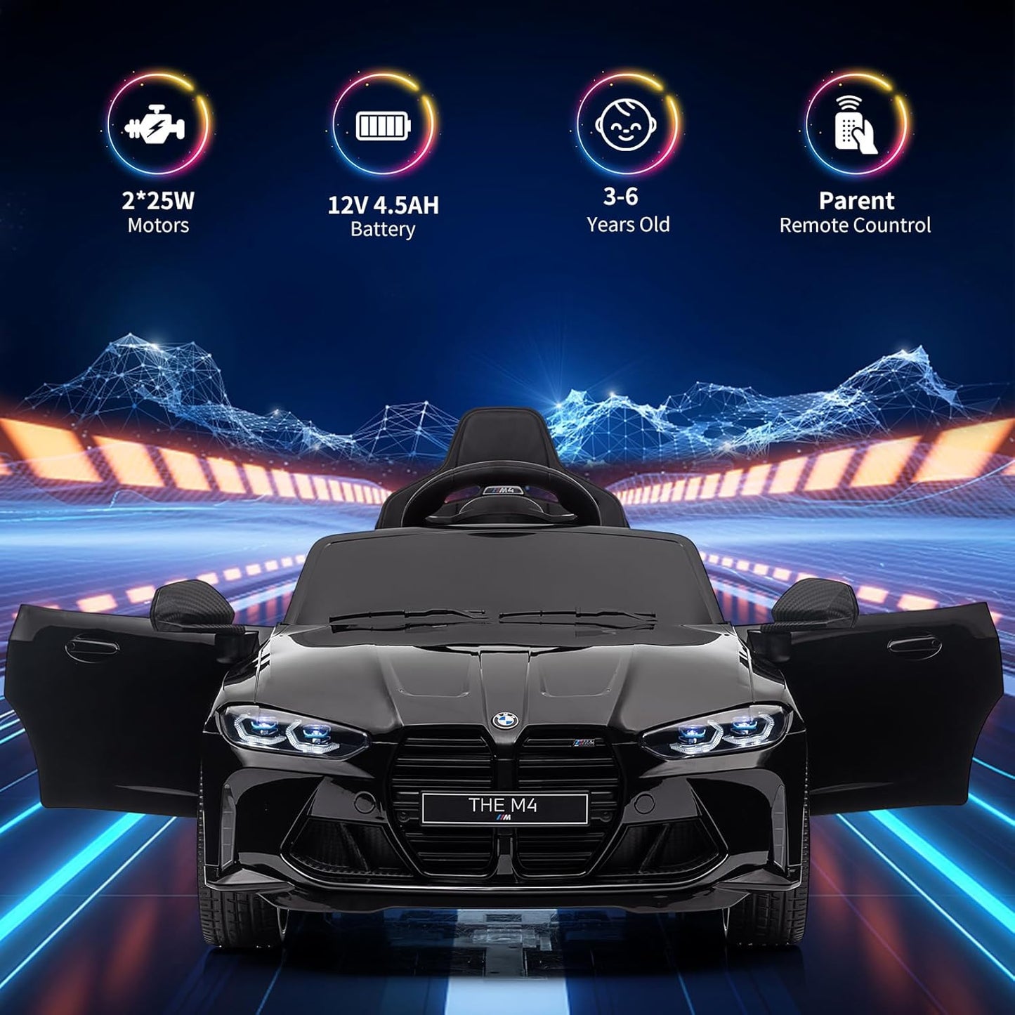 Garvee Ride - P Series: 12V Electric Ride On Car for 37-83 Months, w/RC,Licensed by BMW M4,Power Wheels for Boys Girls, with Suspension System,3 Speeds, Bluetooth, MP3, Double Door, LED Light - Black