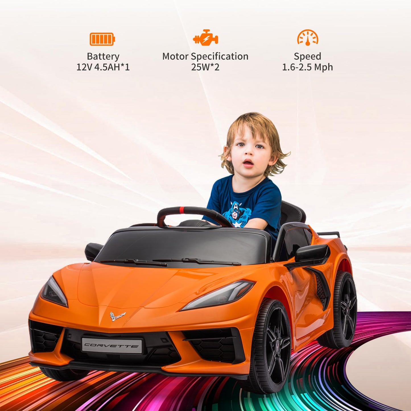 Garvee Ride - P Series: 12V Kids Ride on Car Licensed Corvette Battery Powered Car Toddles Electric Sports Car Toy with Remote Control, Visual Dashboard, LED Lights, Music, Gifts for Boys Girls, Orange