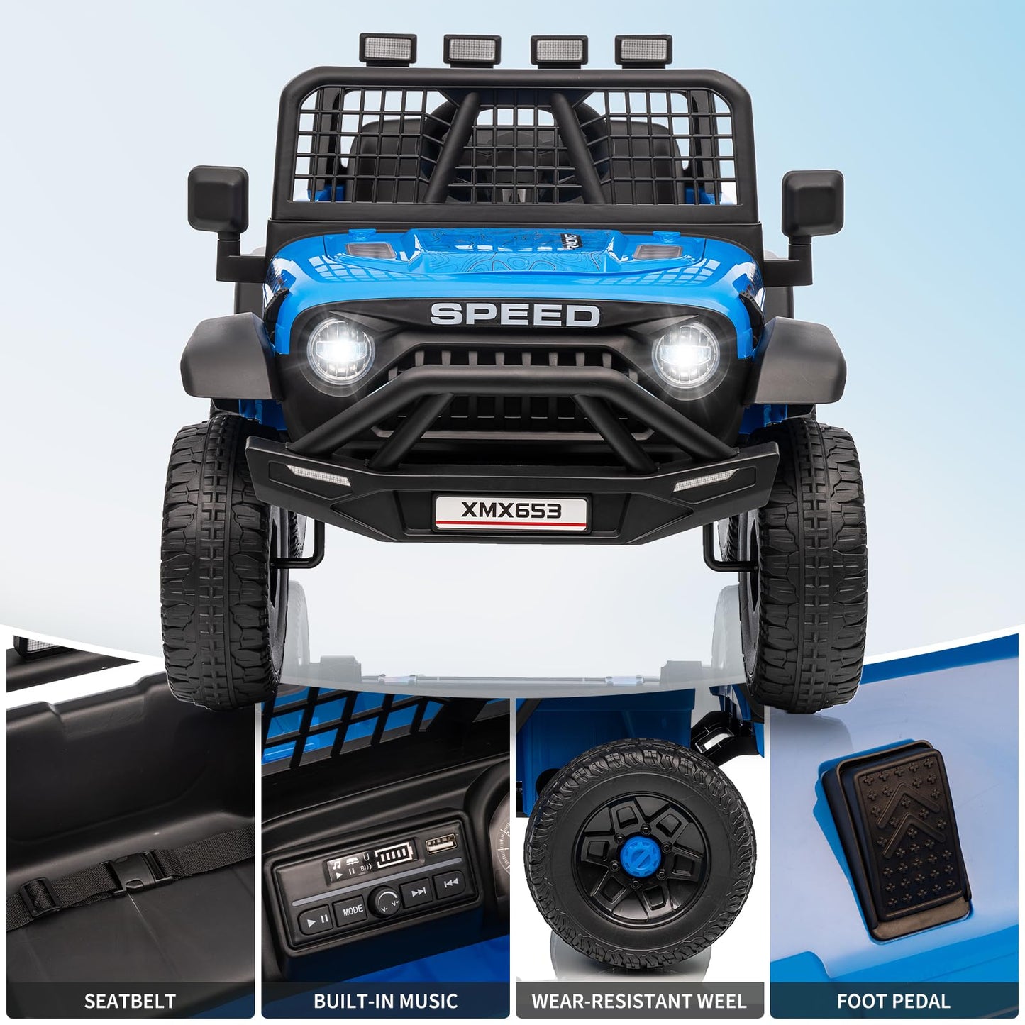Garvee 12V Kids Ride On Truck Car with Parent Remote Control, 3 Speeds, Emergency Braking, LED Lights, Music & Horn, Blue, Outdoor Adventure Toy