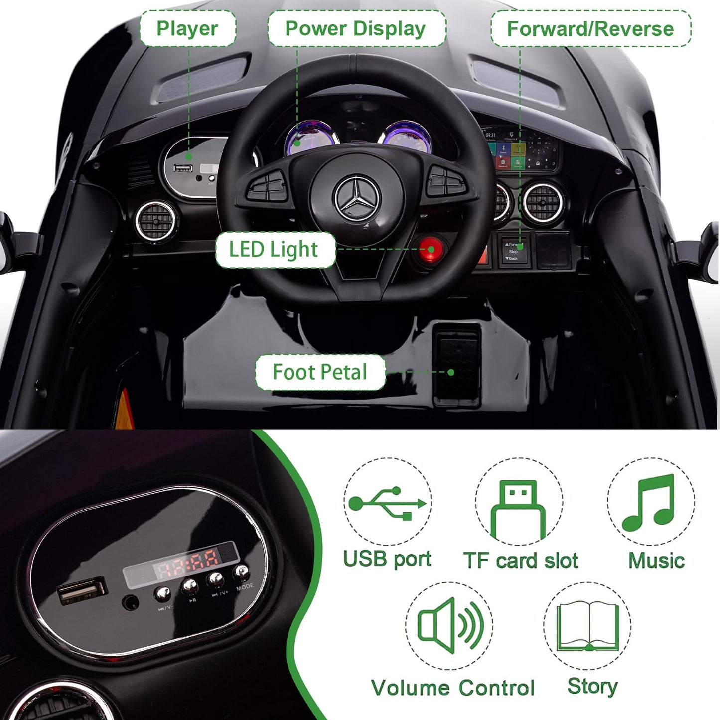 Garvee Ride Car for Kids, 12V Power Battery Electric Vehicles for 3-7 Toddlers, Licensed Mercedes-Benz with Remote Control, MP3 Player - Black