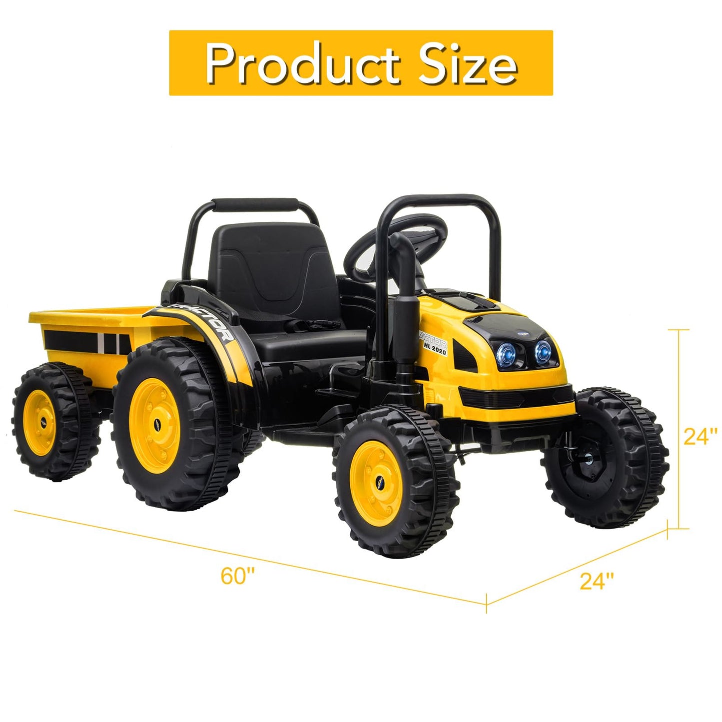 Garvee Ride - P Series: 12V Electric Ride-On Tractor for Kids with Trailer, Remote Control, Music, LED Lights, and Rear Wheel Suspension - Battery Powered Toy Vehicle - Yellow