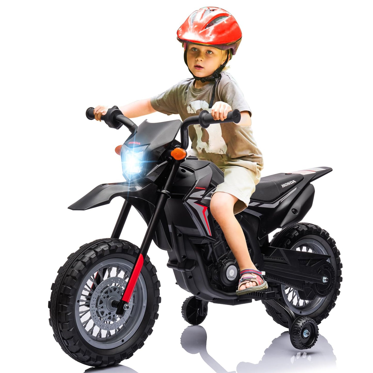 Garvee Ride - P Series: Kids Electric Ride on Motorcycle, Licensed Honda Battery Powered Motorbike Toy, with Training Wheels, Rechargeable Battery, Headlight, Engine Sounds, for Children Girls Boys - Black