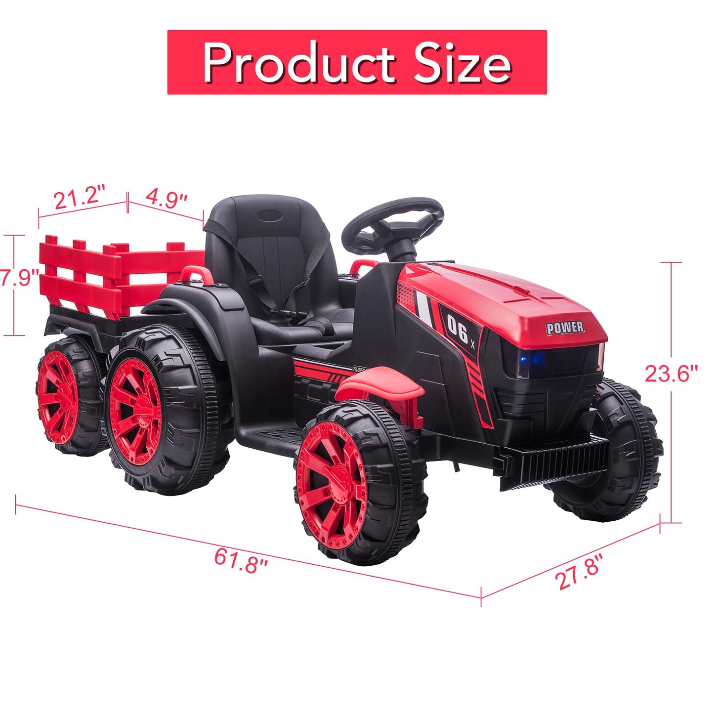 Garvee Ride - P Series: 12V Kids Ride On Tractor with Trailer, LED Lights for Boy Girl - Red