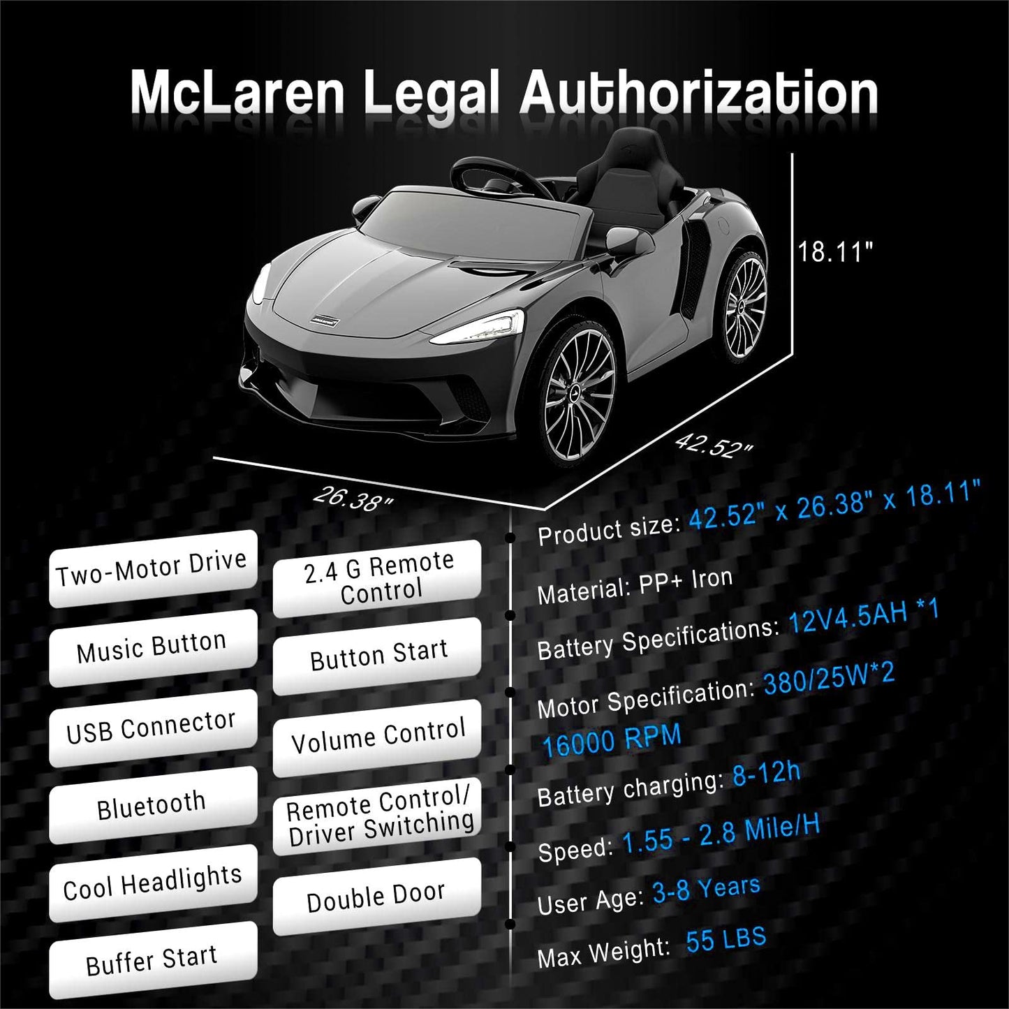 Garvee Ride - P Series: 12V Kids Ride on Car, Licensed Mclaren Battery Powered Electric Car with Remote Control, 3 Speeds, Bluetooth Music, Horn, LED Lights, 4-Wheel Ride on Toys - Black