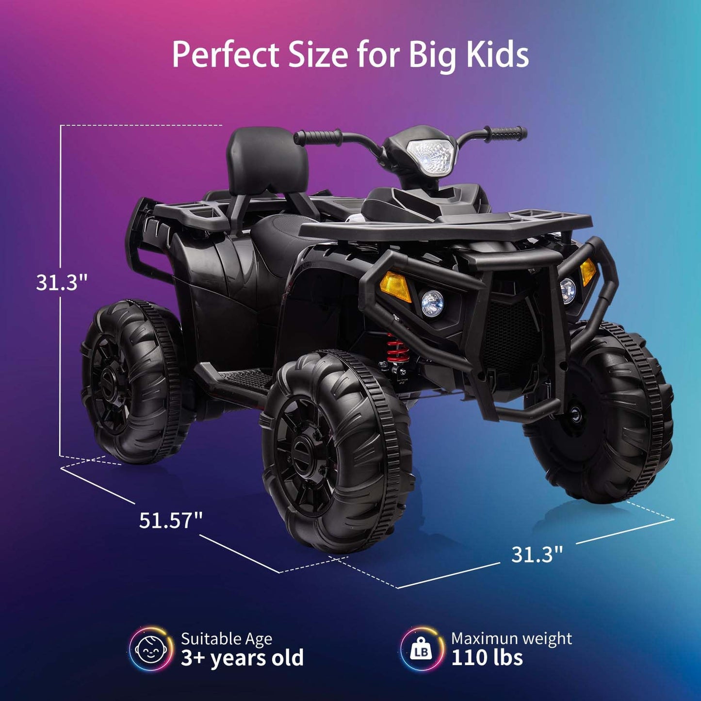 Garvee Ride - P Series: 4 Wheeler Electric Vehicle for Big Kids 2 Seater Battery Powered Ride On Toy Car with Spring Suspension, LED Lights, High & Low Speed, Music, USB, Soft Start for Toddlers, Black
