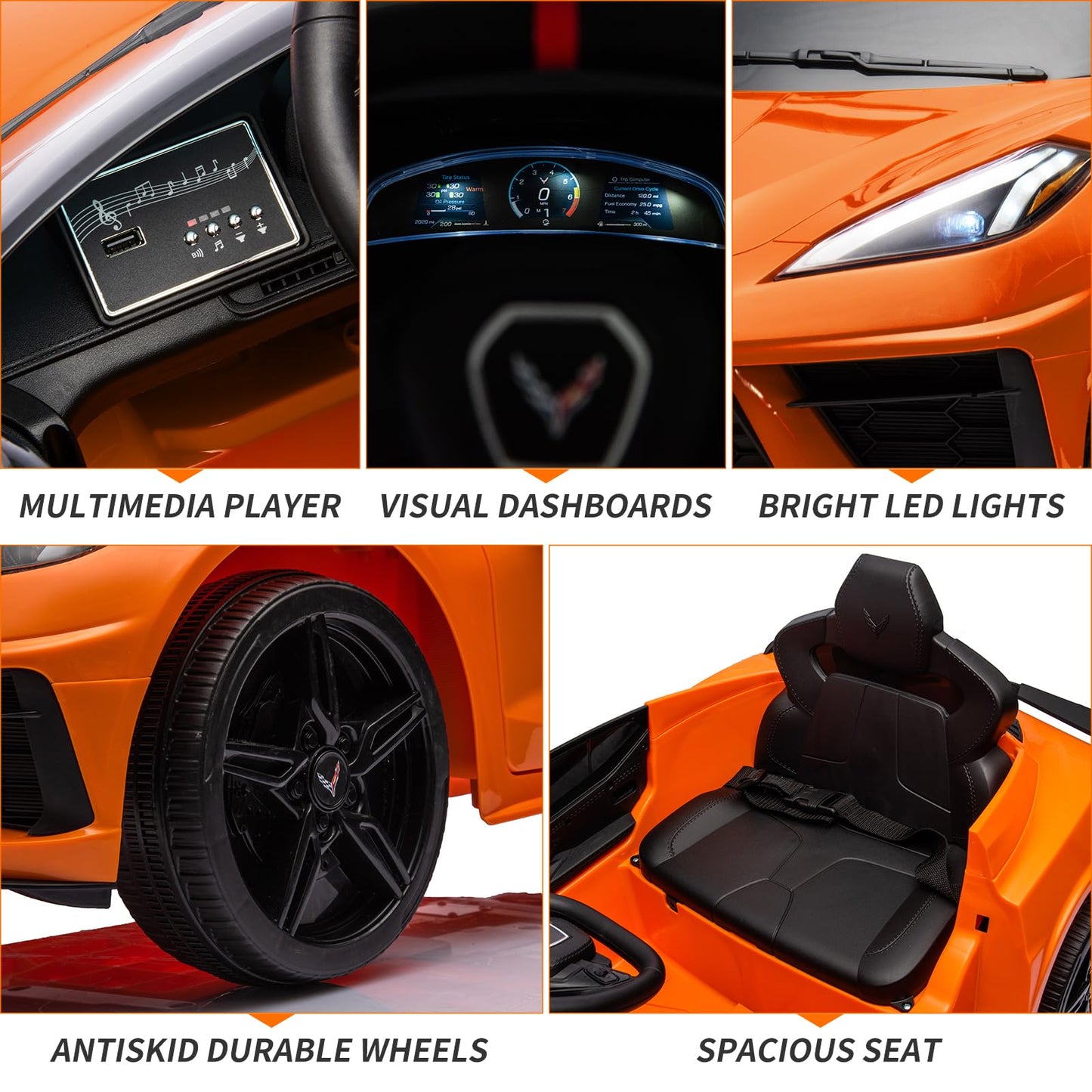 Garvee Ride - P Series: 12V Kids Ride on Car Licensed Corvette Battery Powered Car Toddles Electric Sports Car Toy with Remote Control, Visual Dashboard, LED Lights, Music, Gifts for Boys Girls, Orange