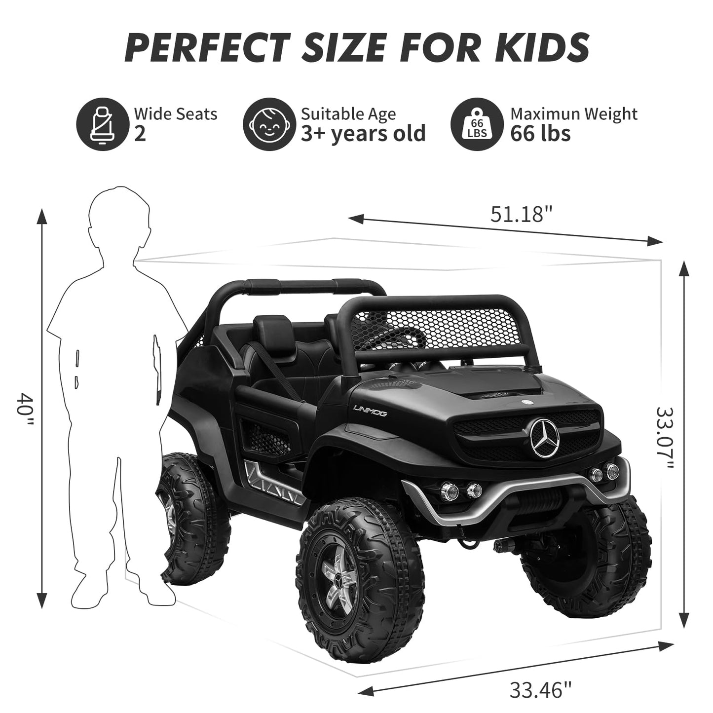 Garvee Ride - P Series: 2 Seater Kids Ride On Truck 24V Ride On Toy Licensed Mercedes Benz Battery Powered Electric Vehicle for Toddles With Remote Control, Battery Display, Trunk, Spring Suspension, Led Lights, Music, Black