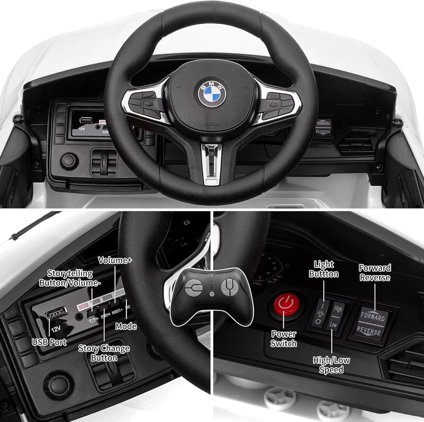 Garvee Ride - P Series: 12V Electric Ride On Car for 37-83 Months, w/RC,Licensed by BMW M4,Power Wheels for Boys Girls, with Suspension System,3 Speeds, Bluetooth, MP3, Double Door, LED Light - White