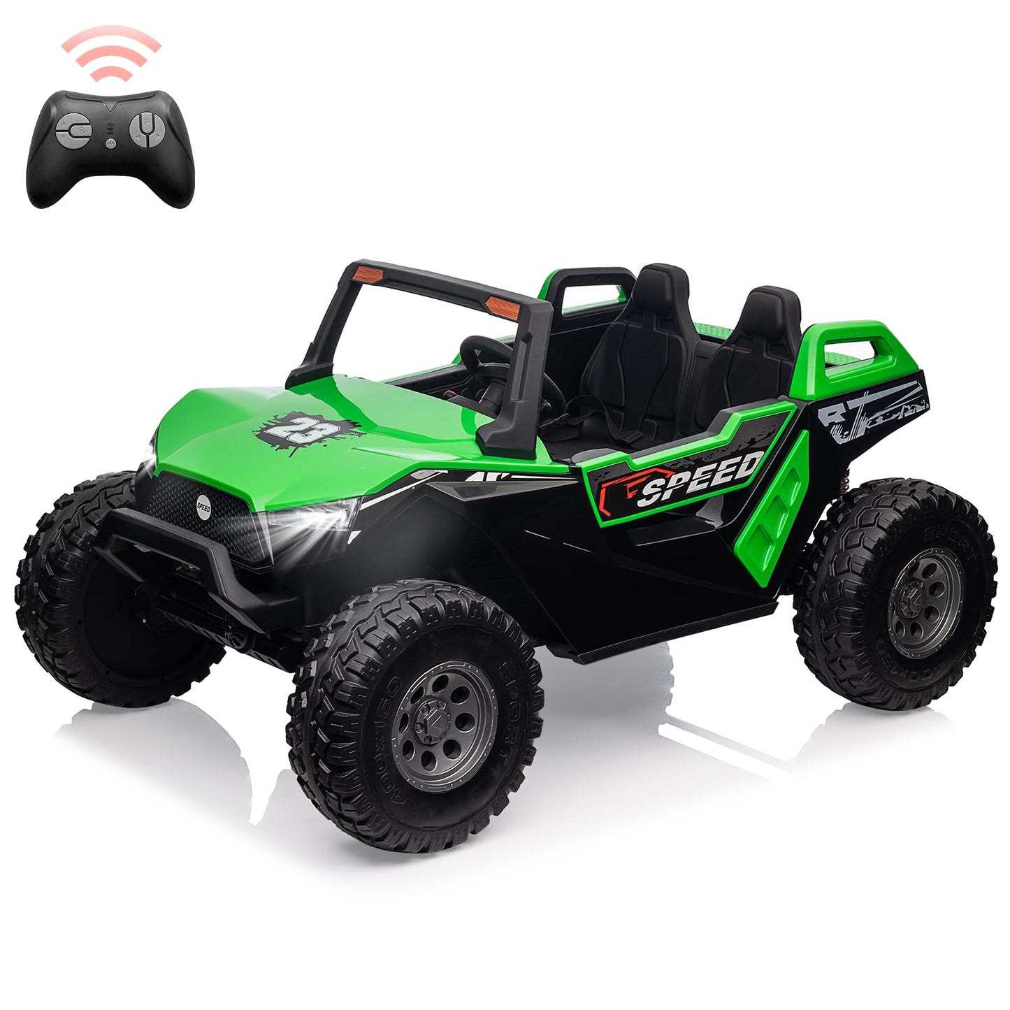 Garvee Ride - P Series: 24V 2-Seater Ride-On UTV: Remote Control, 4WD Motors, 21" Seats + Foldable Seat, 15.4" EVA Wheels, Music, LED Lights, 140lb Max Load - Green