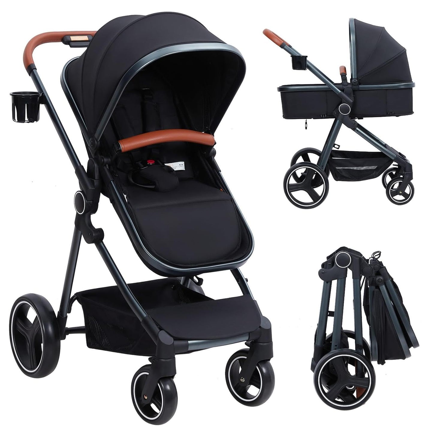 Garvee Convertible Baby Stroller with Bassinet Mode Luxury Aluminum Structure 5-Point Harness Black