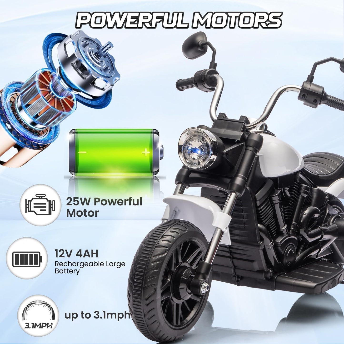 Garvee Ride - P Series: 12V Electric Motorcycle for Kids, 3-Wheel Ride-On Toy with Detachable Training Wheels, White, Toddler Outdoor Ride-On