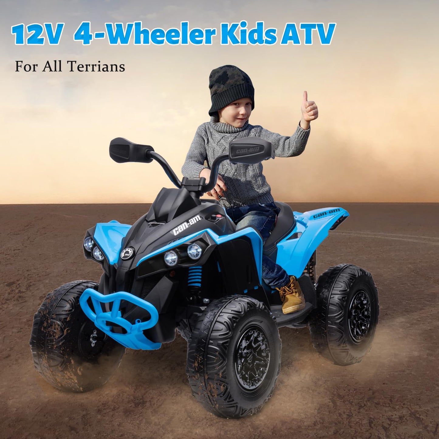 Garvee Ride - P Series: 12V Ride on Toy Car Bombardier Licensed BRP Can-am 4 Wheeler Quad Electric Vehicle, w/LED Lights, Spring Suspension, Bluetooth, Music, USB, Treaded Tires, White - Blue