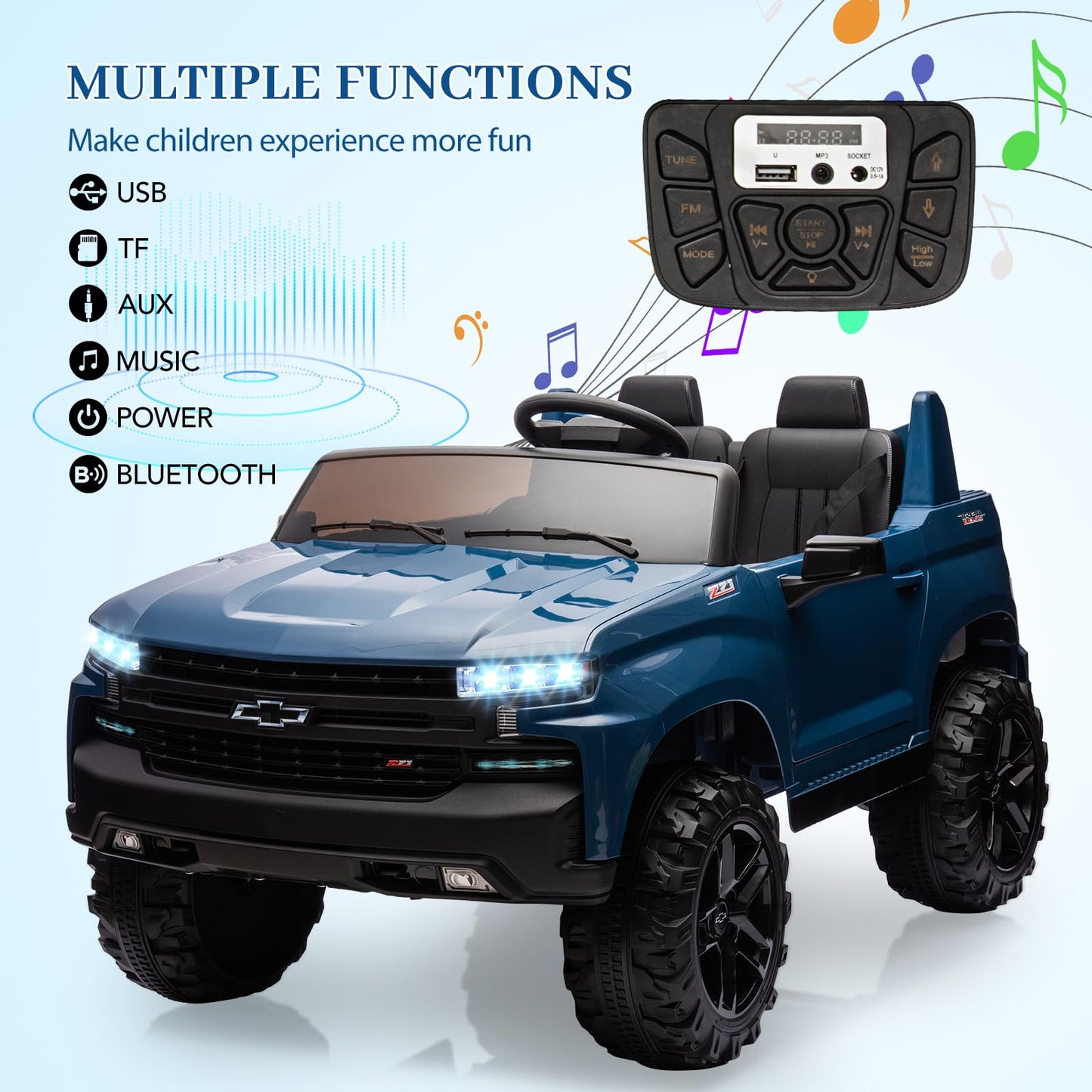Garvee Ride - P Series: 24V 2-Seater Ride On Car For Kids For 3 - 8 years, Licensed Chevrolet Silverado - Blue