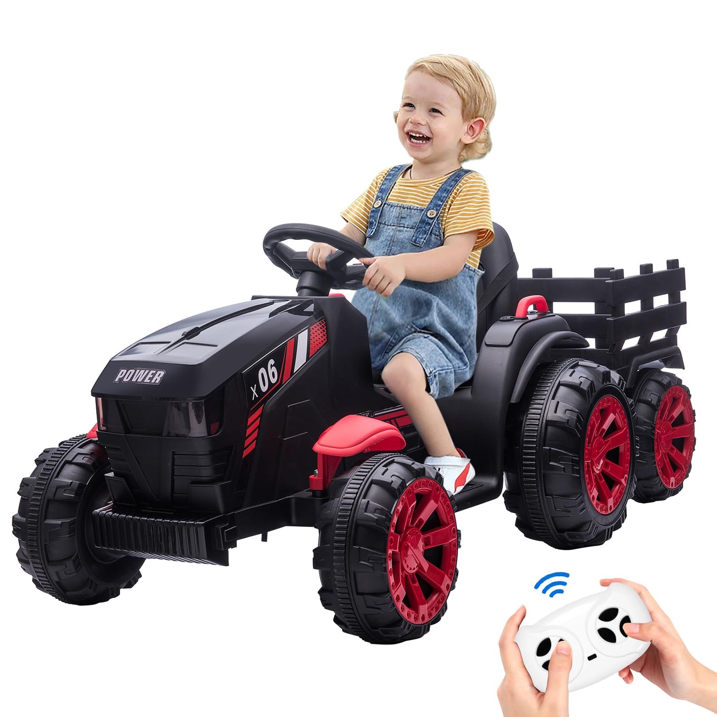 Garvee Ride - P Series: 12V Kids Ride On Tractor with Trailer, LED Lights for Boy Girl - Black