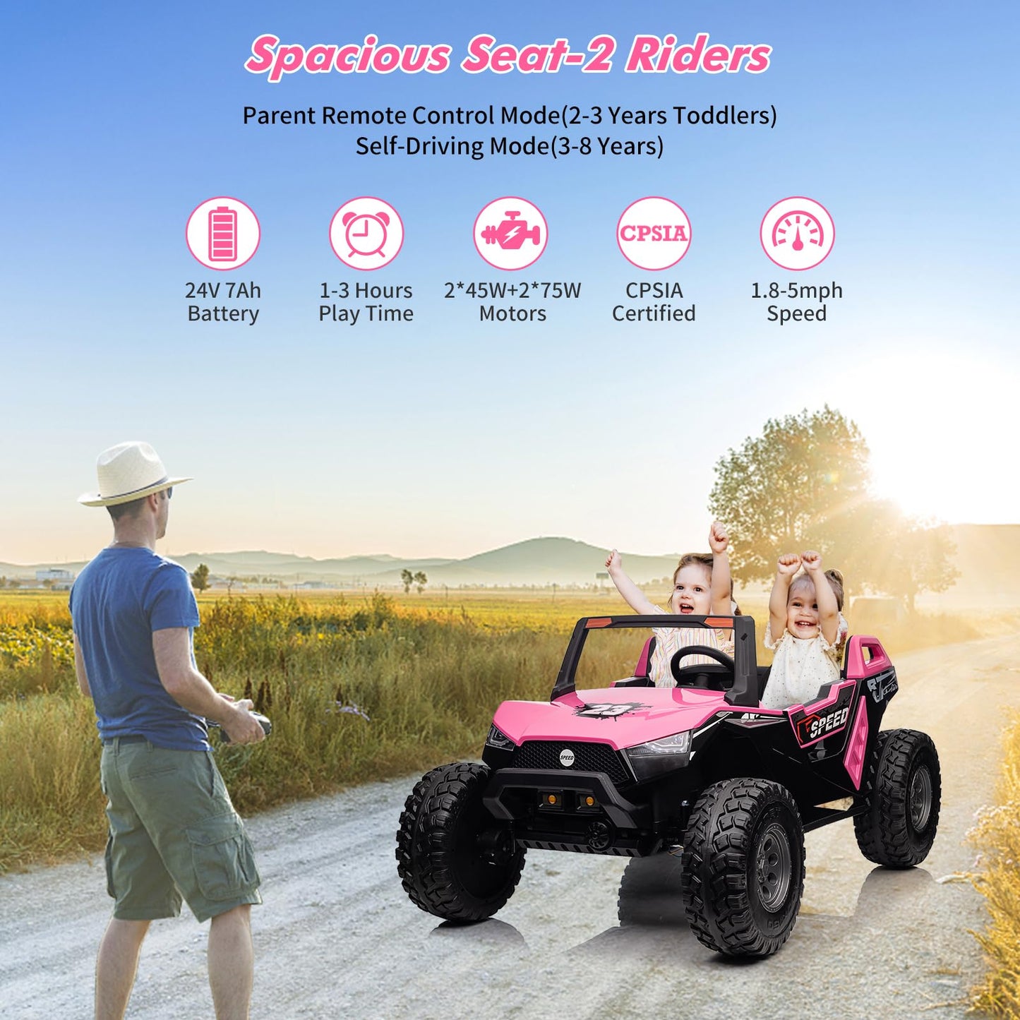 Garvee Ride - P Series: 24V 2-Seater Ride-On UTV: Remote Control, 4WD Motors, 21" Seats + Foldable Seat, 15.4" EVA Wheels, Music, LED Lights, 140lb Max Load - Pink