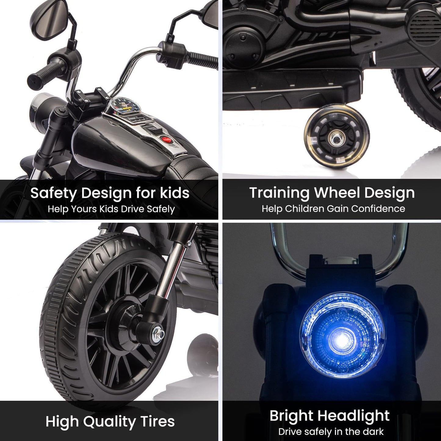 Garvee Ride - P Series: 12V Electric Motorcycle for Kids, 3-Wheel Ride-On Toy with Detachable Training Wheels, Black, Toddler Outdoor Fun