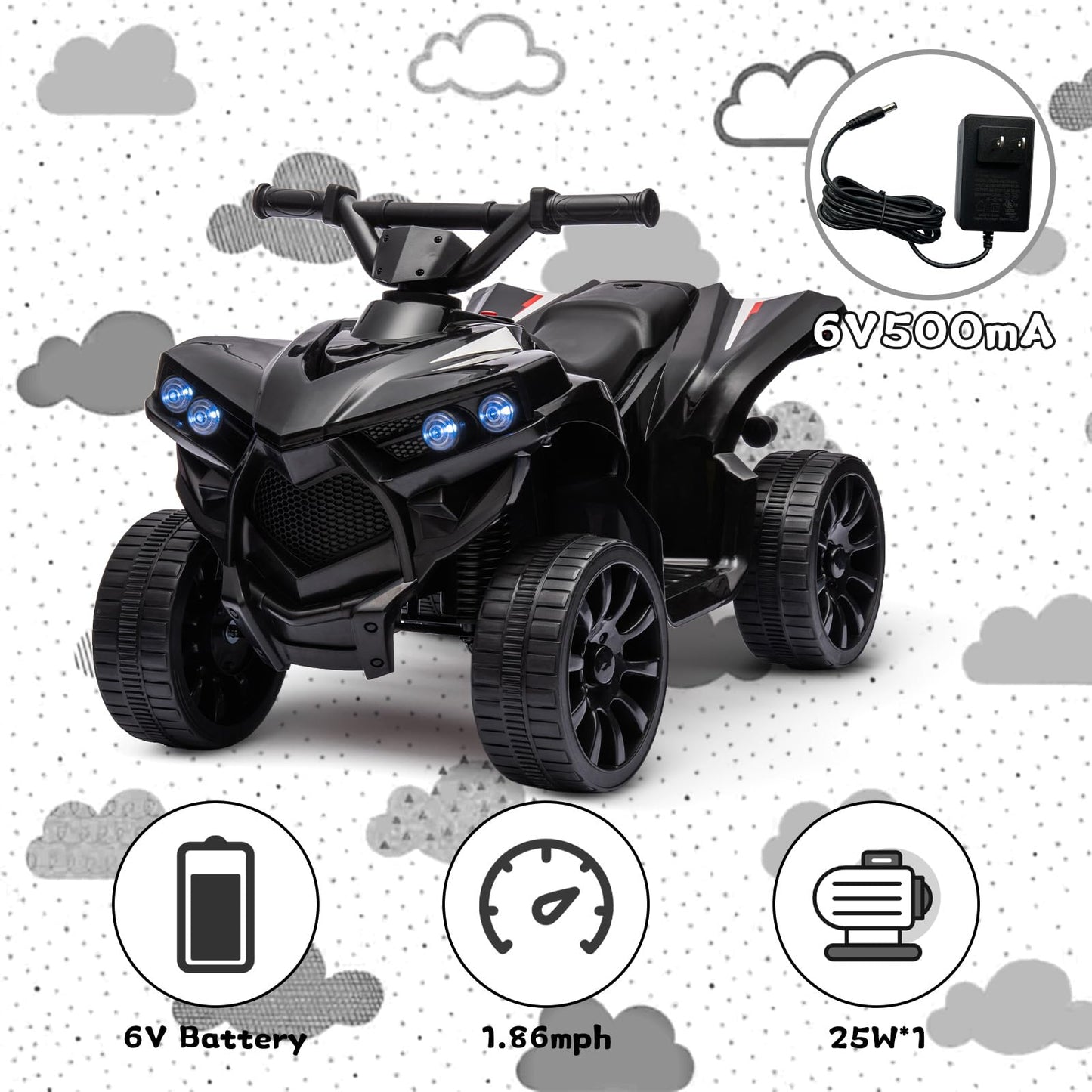 Garvee Ride - P Series: 6V Quad ATV for Kids Toddler 3+ years, Max 55lb Capacity ，With LED, Music, Foot Pedal, Wear-Resistant Wheels, 1.9 MPH - Black
