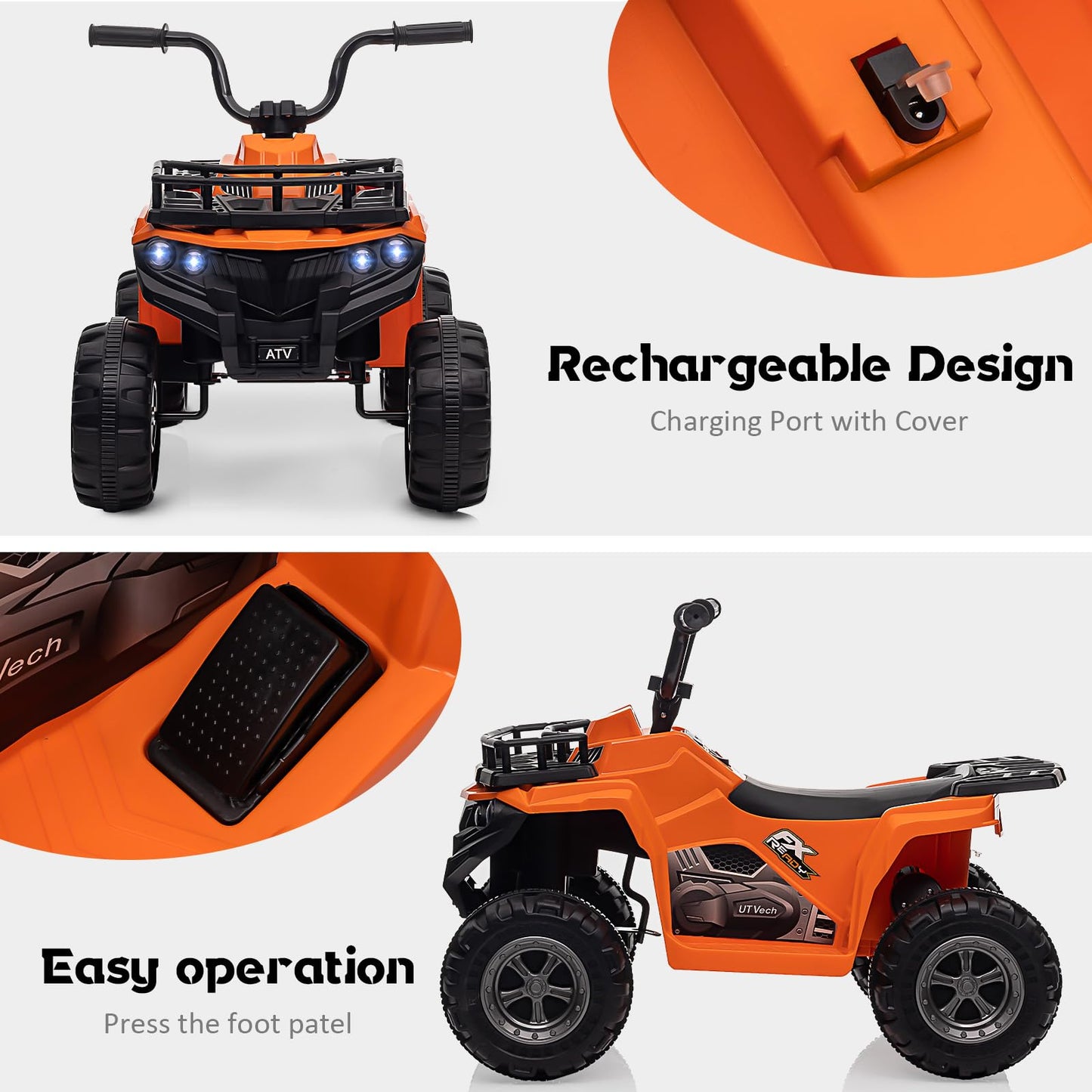 Garvee Ride - P Series: 12V Kids Ride-On Quad ATV: Non-Toxic, Bluetooth, LED, 2 Speeds, All-Terrain, Orange