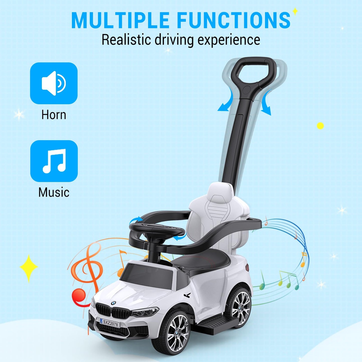 Garvee Ride - P Series: 4-in-1 Push Cars for Toddlers 1-3 with Led Lights, Music, Horn and Controllable Push Handle - White