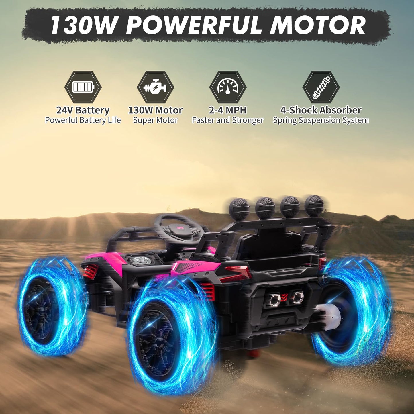 Garvee Ride - P Series: 24V Electric UTV,Ride On Toys for Big Kids,2x130W Powerful Electric Car with Remote Control， 4 Shock Absorbers，LED Lights,Music for Boys and Girls,Pink
