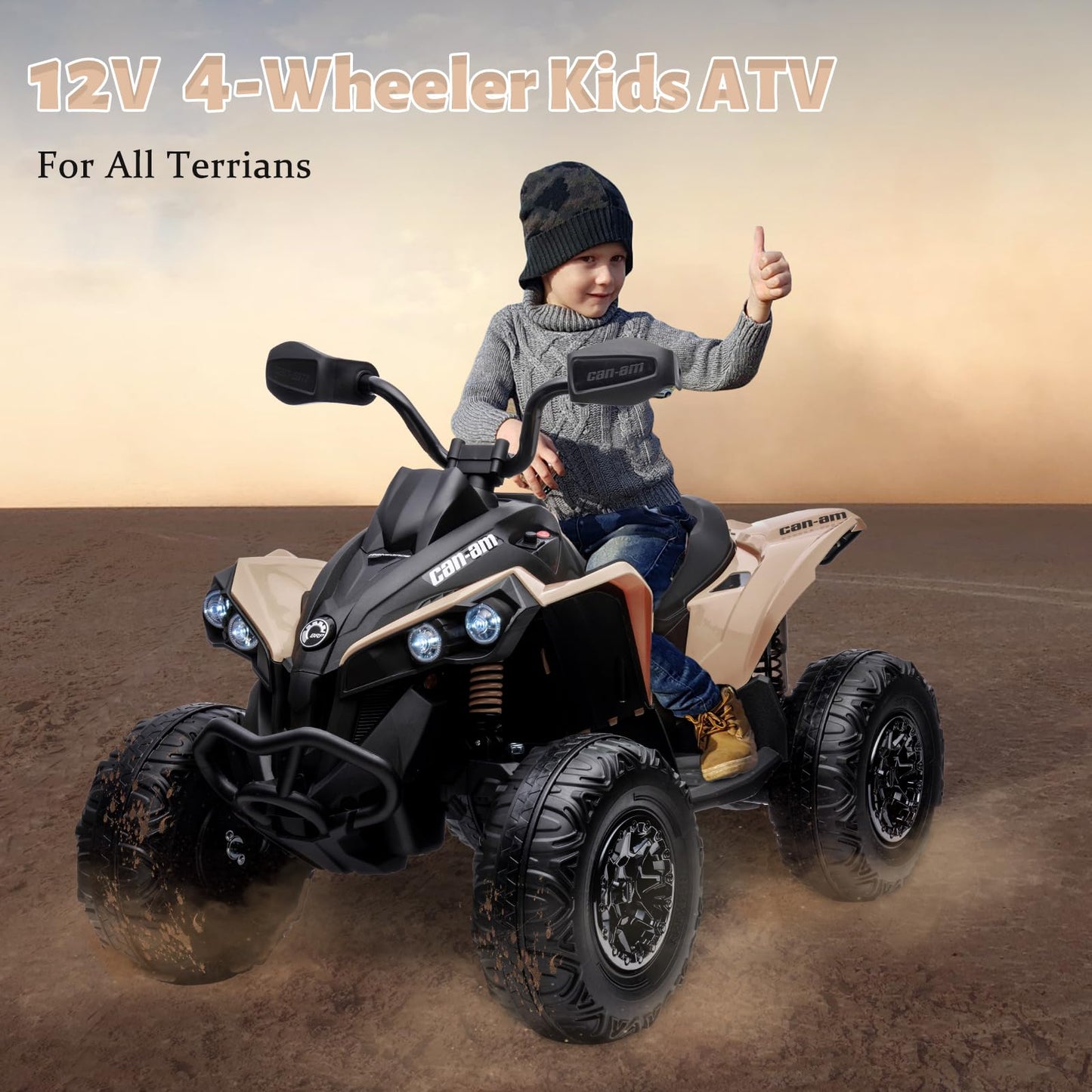 Garvee Ride - P Series: 12V Ride on Toy Car Bombardier Licensed BRP Can-am 4 Wheeler Quad Electric Vehicle, w/LED Lights, Spring Suspension, Bluetooth, Music, USB, Treaded Tires, White - Khaki