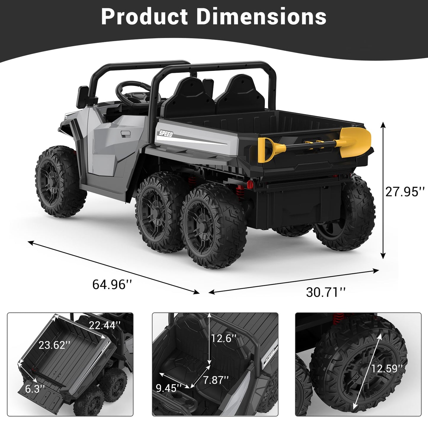 Garvee Ride - P Series: 24V 4WD Electric Ride On Dump Truck with Remote Control, 2-Seater, Music Player, LED Lights, Key Start Safety System, Durable Plastic, Off-Road Kids Toy for Ages 3+ - Grey
