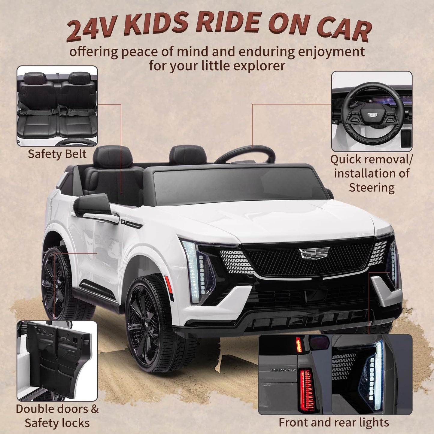 Garvee Ride - P Series: 24V Ride On Car, Licensed Battery Powered Electric Vehicle w/Remote Control, 2 Seater, 4-Wheel Shock Absorbers, Smooth Start, Music, LED Lights for Boys Girls
